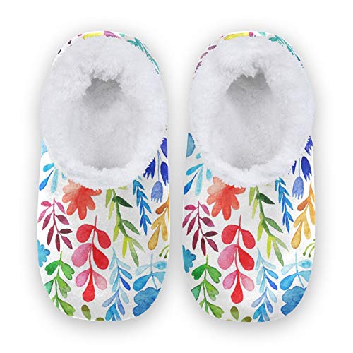 Women's & Men's Watercolor Plant Coral Fleece House Slippers - Soft Indoor Home Shoes (US 5-6) - Cozy Winter Comfort for Family, Perfect for Lounging & Relaxing at Home