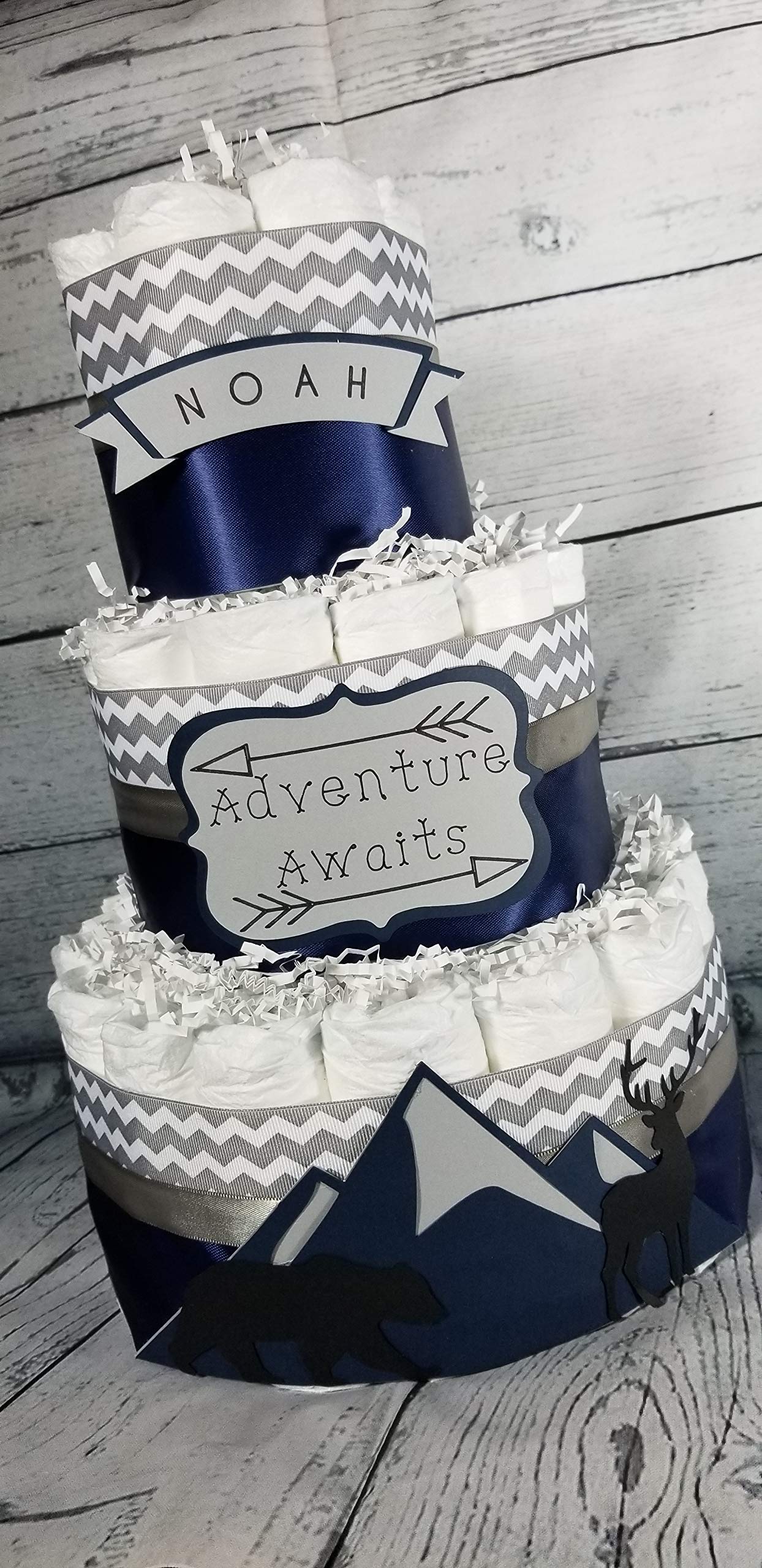 3 Tier Mountain Diaper Cake for Baby Shower - Blue Boy Baby Shower Gift, Diaper Tower Centerpiece for Nursery Decor & Gender Reveal Party