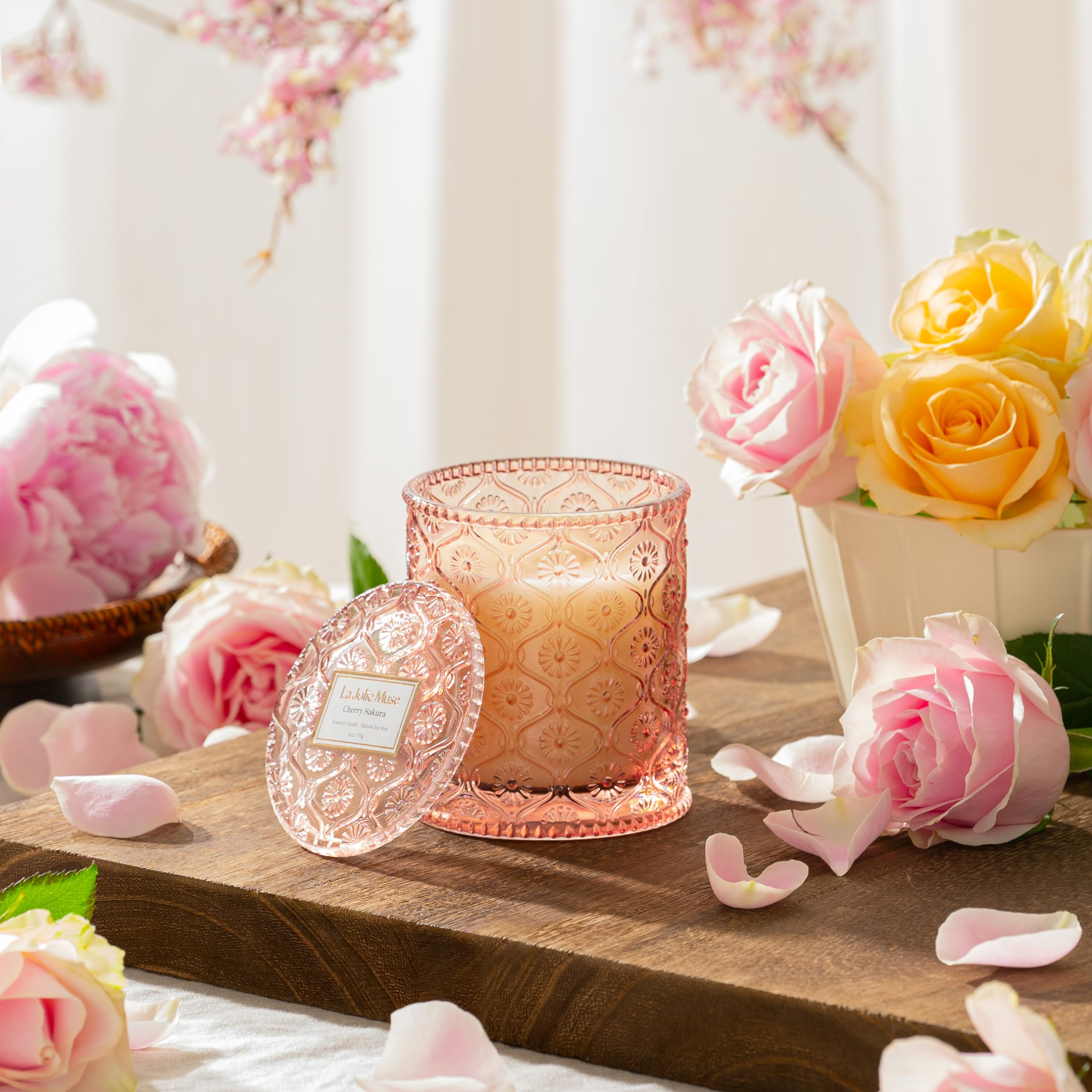 LA JOLIE MUSE Cherry Blossom Scented Candle - 6oz Natural Soy Wax Candle with 40-Hour Burn Time, Floral Pink Home Decor Gift for Women - Perfect for Valentine's Day, Romantic Dinners & Relaxing Bath Time