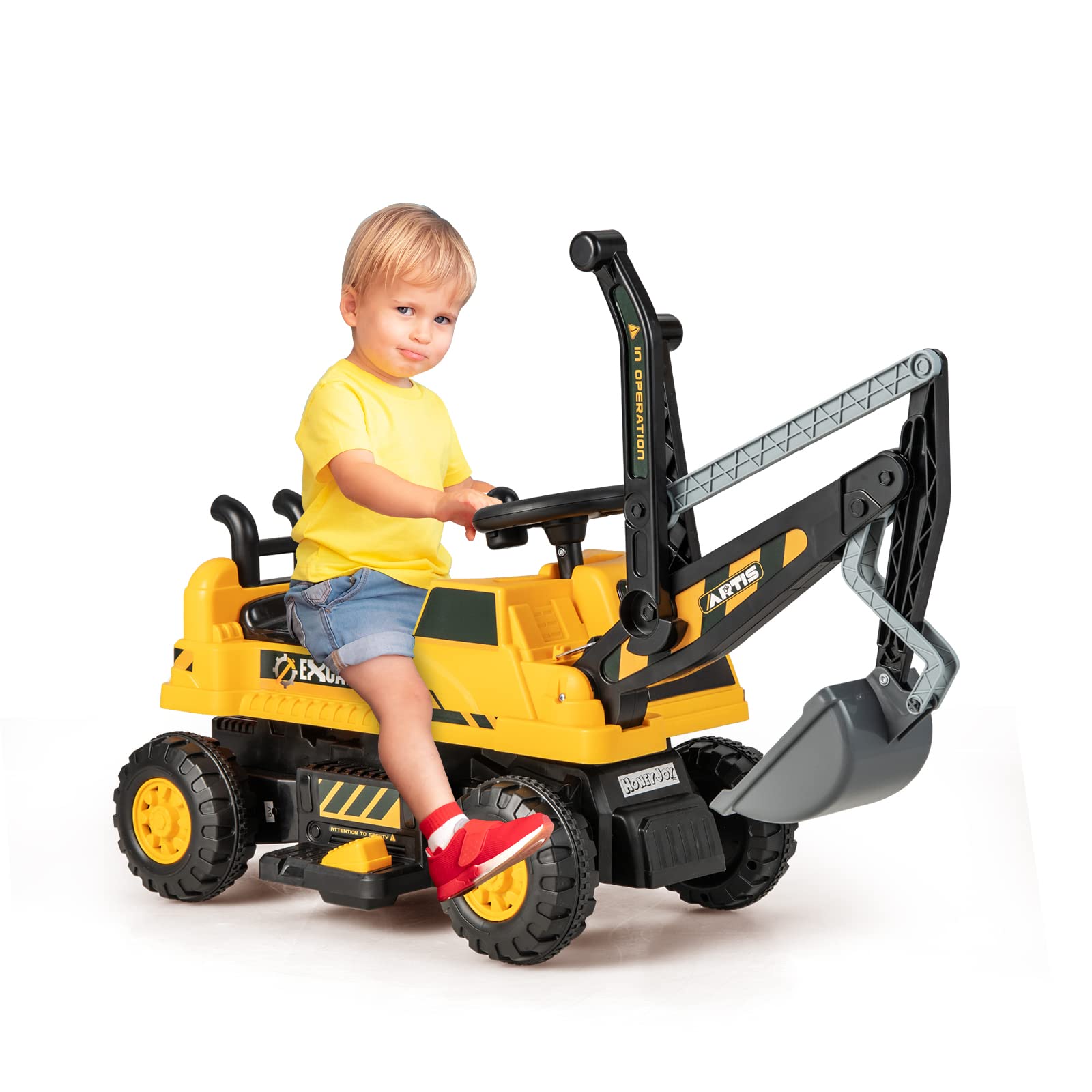COSTWAY 6V Kids Ride-On Electric Backhoe Loader Toy with Rotating Seat, Shovel, LED Lights & Music | 25kg Capacity | Hidden Storage | Excavator Toy for Boys & Girls Ages 3+ (Yellow) | Perfect for Outdoor Play, Sandbox Fun & Construction Pretend Play