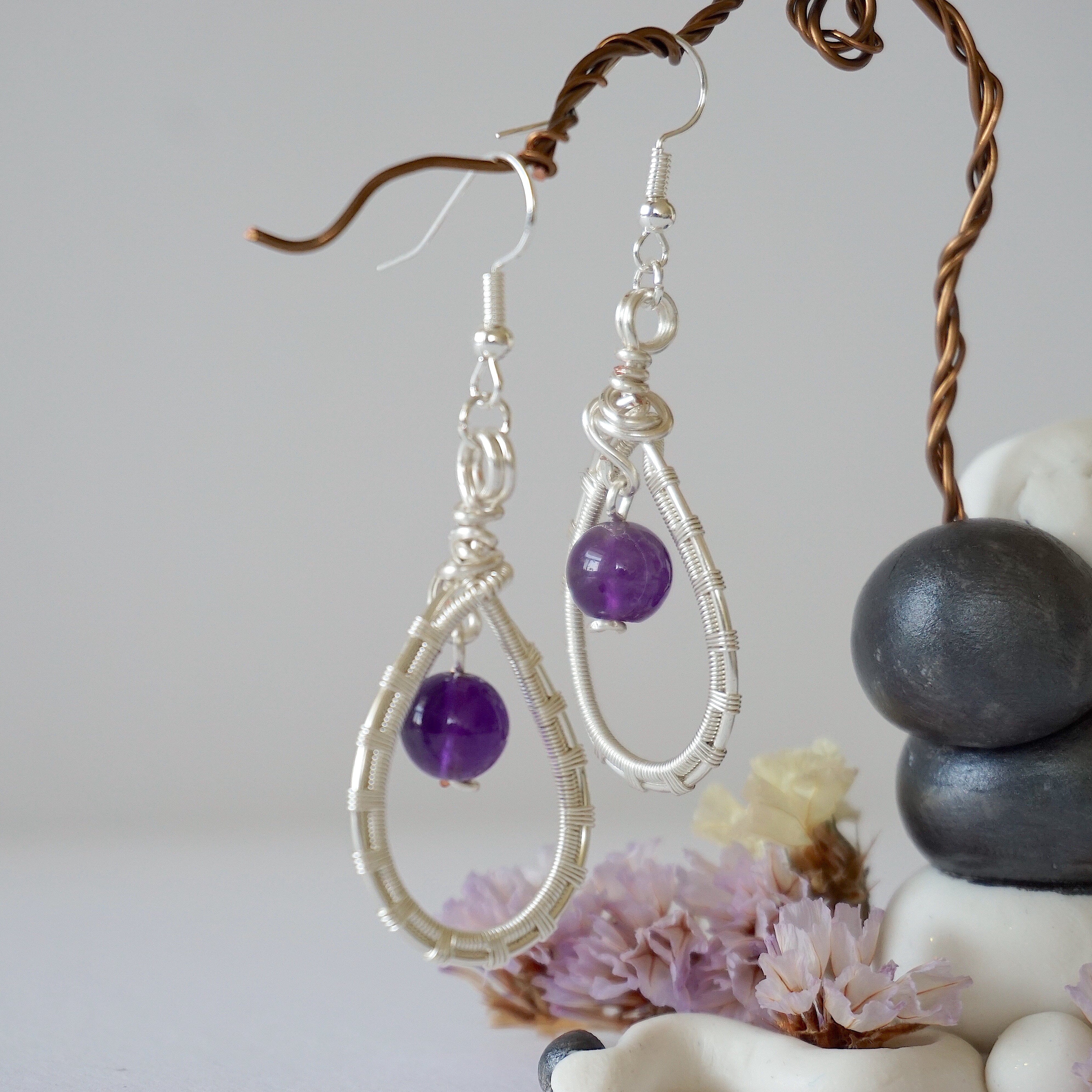Amethyst Round Wire Earrings for Women - Silver Plated Dangle Earrings - Elegant Purple Gemstone Jewelry for Party, Wedding & Everyday Wear