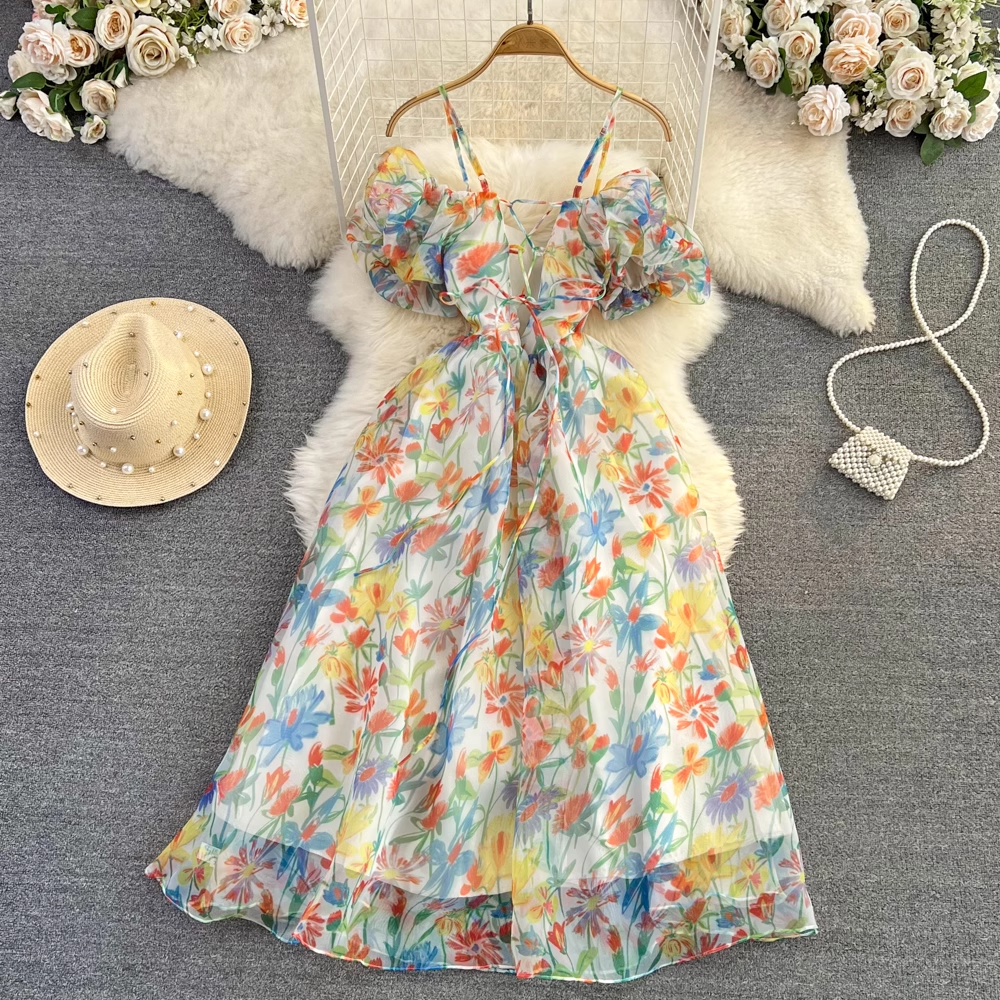 Fairy Floral Backless A-Line Printed Chiffon Dress for Women - Summer Flowy Party Dress with Floral Pattern | Perfect for Beach Weddings, Garden Parties & Date Nights