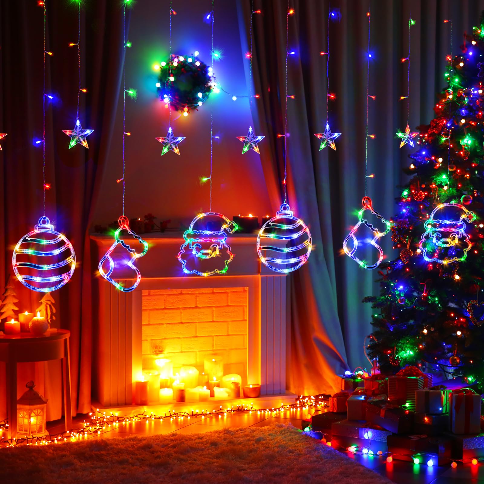 180 LED Multi-Color Christmas Window Curtain Lights with 8 Flashing Modes - Connectable Indoor String Lights for Holiday Decor (Santa, Balls & Stockings) | Perfect for Home, Party & New Year Celebrations