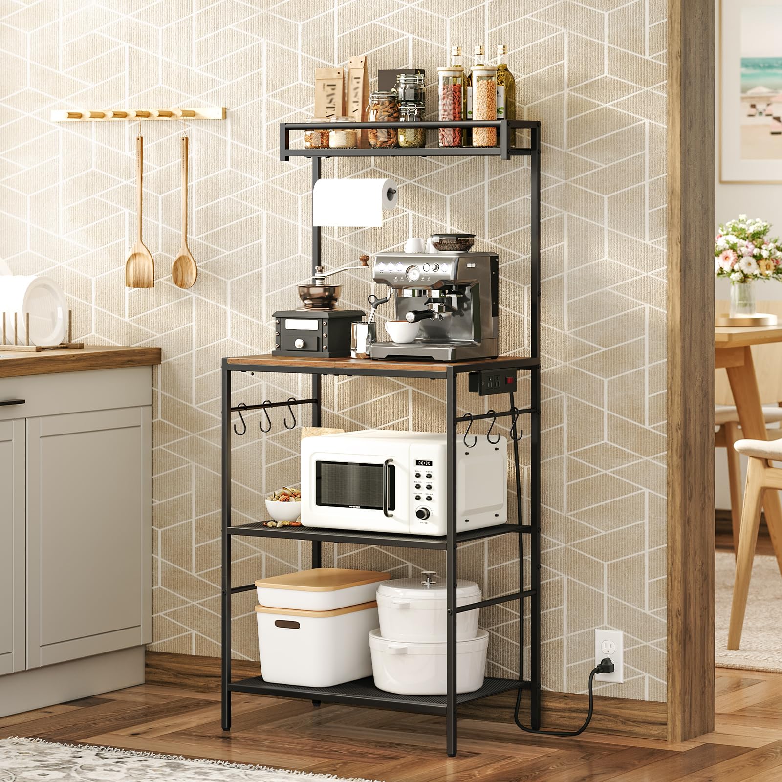 Rustic Brown Bakers Rack with Power Outlet - Kitchen Storage Shelf with Paper Holder & 6 Hooks | Microwave Stand & Coffee Bar Station with Switch-Controlled Socket | Perfect for Kitchen, Dining Room & Small Space Organization (BRHR36E01)