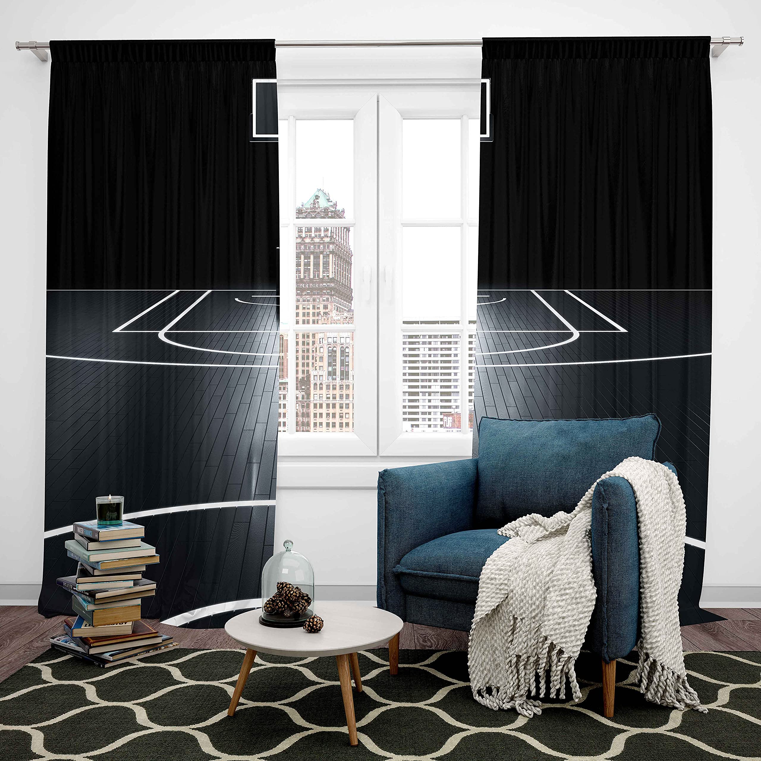 Basketball Curtains for Boys Room - Sports Themed Window Drapes for Kids & Teens - Black & White 42x63 Inch Basketball Court Design - Perfect for Bedroom, Living Room & Game Room Decor - 2 Panels