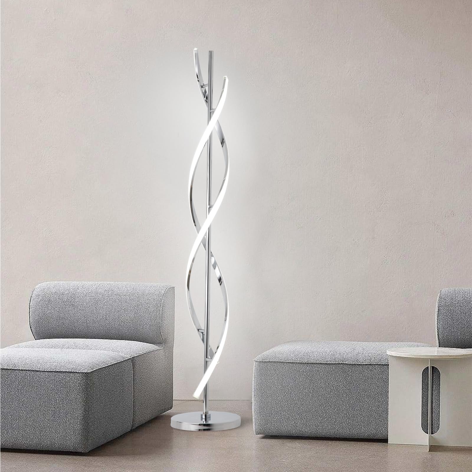 ADISUN 40W LED Modern Spiral Floor Lamp with Remote Control, Dimmable Tall Standing Light for Living Room, Bedroom, Office - Silver | Perfect for Reading, Relaxing & Ambient Lighting
