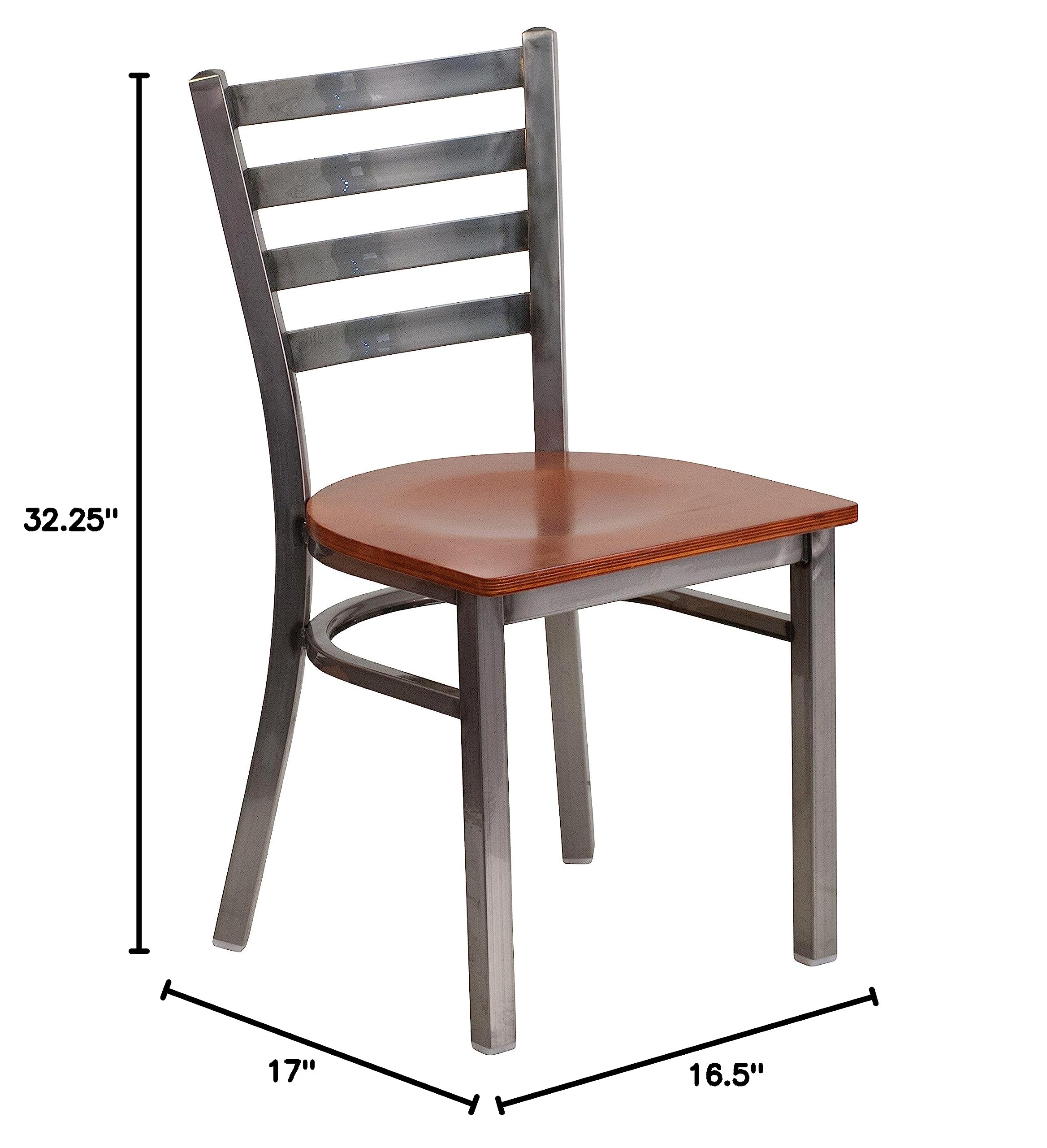 Clear Coated Ladder Back Metal Restaurant Chair with Cherry Wood Seat - Durable Commercial Dining Furniture for Cafes, Bistros and Home Kitchens