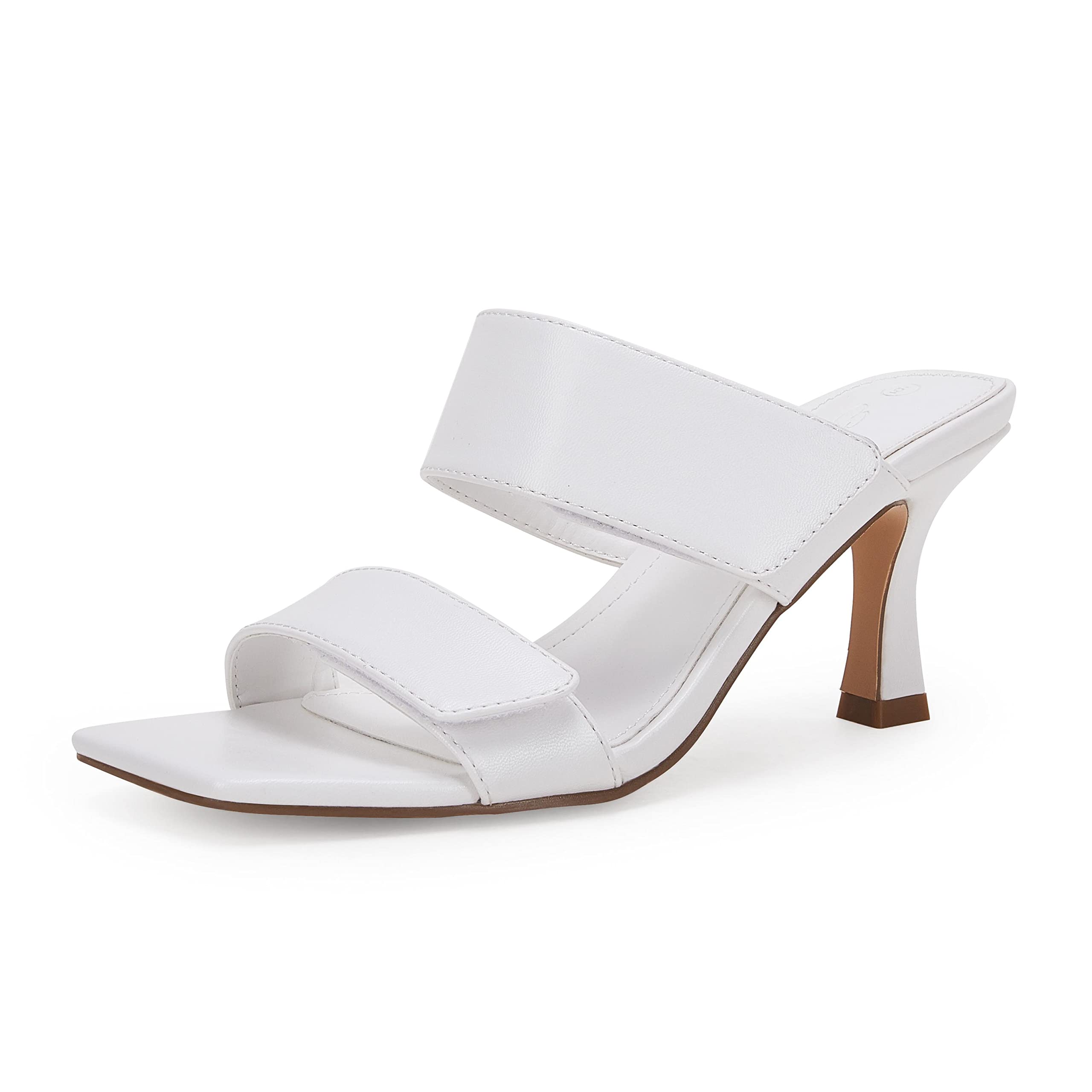 Ermonn Women's Two Strap Heeled Sandals - Slip On Square Open Toe Stiletto Mules with Faux Leather & Backless Design - Perfect for Summer Outfits, Parties & Date Nights