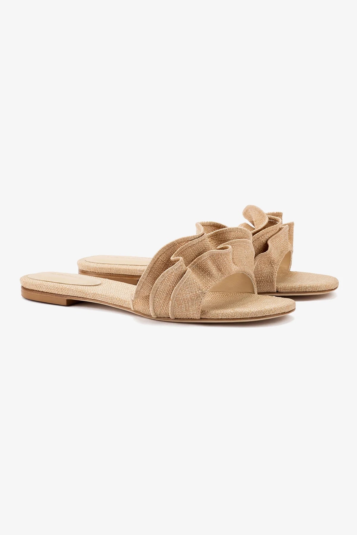 Stylish Ivy Ruffle Flat Mule Sandals in Beige Raffia - Perfect for Summer Outfits, Beach Vacations & Casual Wear