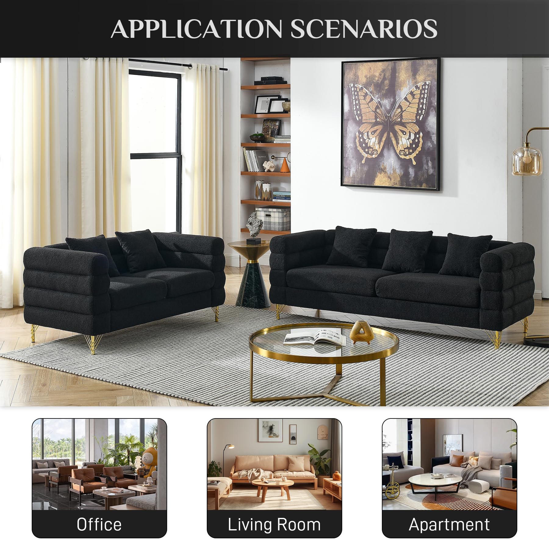 Modern Overstuffed Boucle Sherpa Deep Seat Cloud Couch & Loveseat Set with 5 Pillows - Oversized Chesterfield Sofa for Living Room, Bedroom - Black Teddy Fabric - Perfect for Cozy Lounging, Movie Nights & Small Space Decor