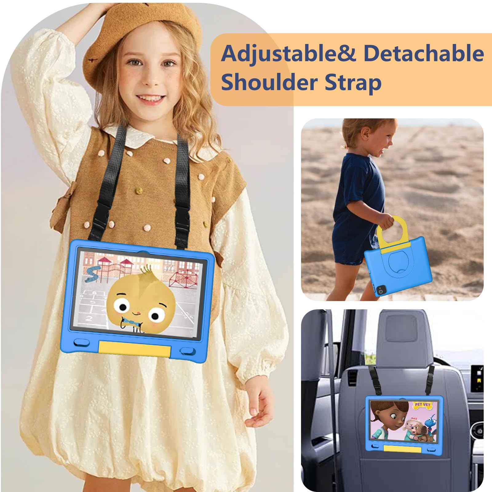 10 Inch Kids Tablet with Strap - Android 14 Octa-Core 64GB/1TB Expandable Storage, Bluetooth WiFi Dual Camera - 12-Hour Battery Life with Parental Control & Protective Case - Perfect for Learning, Games, and Travel Entertainment