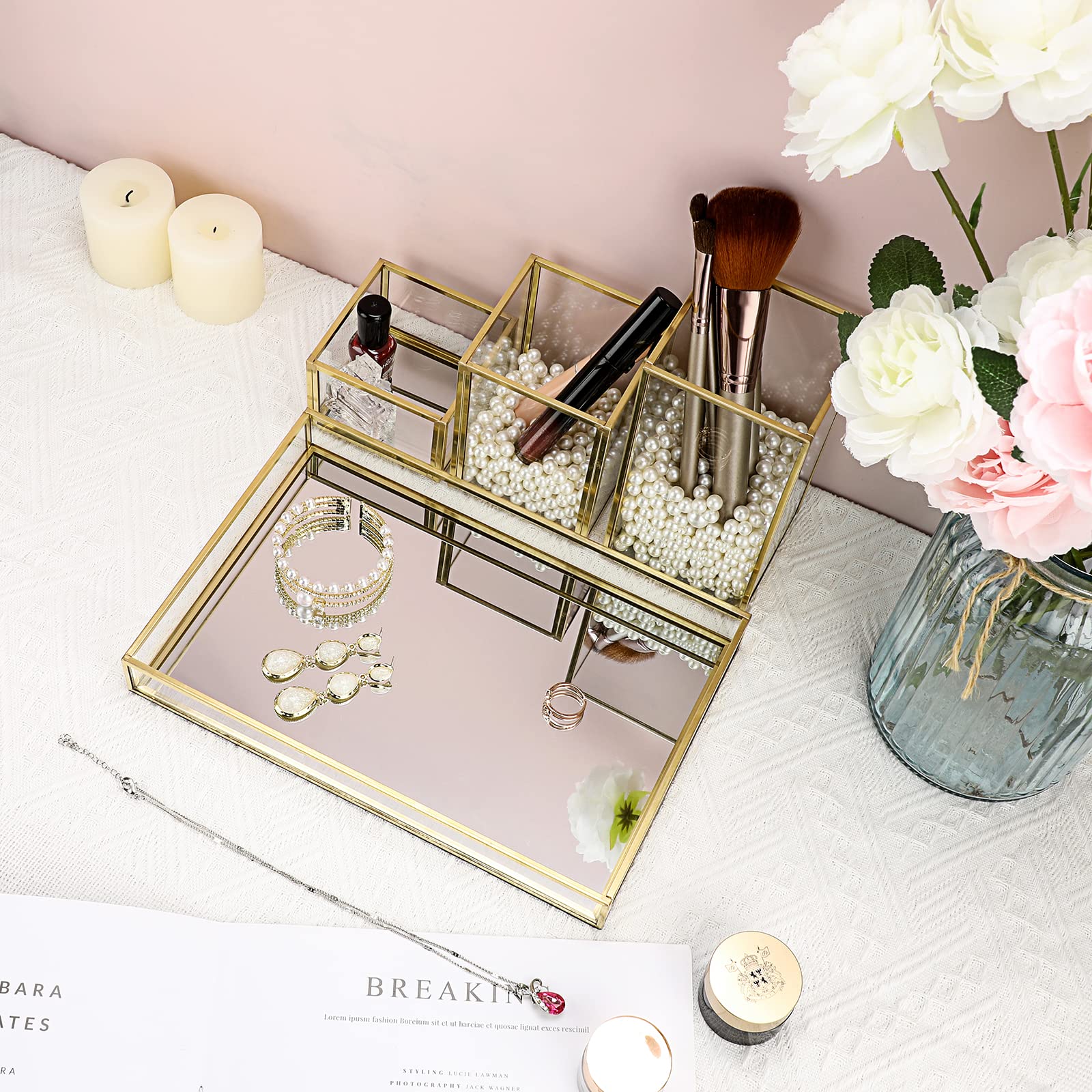 Tolida Gold Glass Cosmetic Organizer Set - Stackable Makeup Brush Holder, Jewelry Tray & Vanity Mirror Tray | Perfect for Dresser, Bathroom & Bedroom Organization | Elegant Storage Solution for Makeup Brushes, Eyeliners, Pens & Accessories