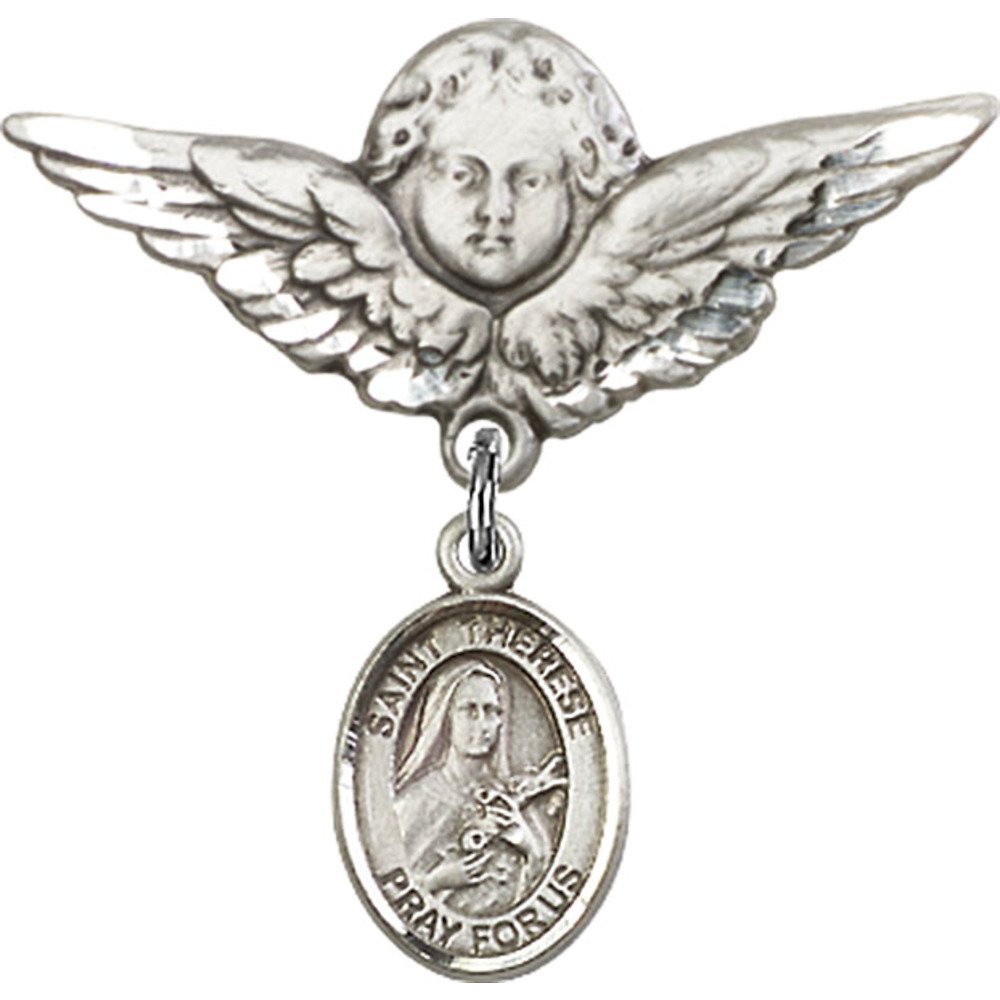 Sterling Silver Baby Badge with St. Therese of Lisieux Charm & Angel Wing Pin - Religious Jewelry Gift for Christening, Baptism & First Communion