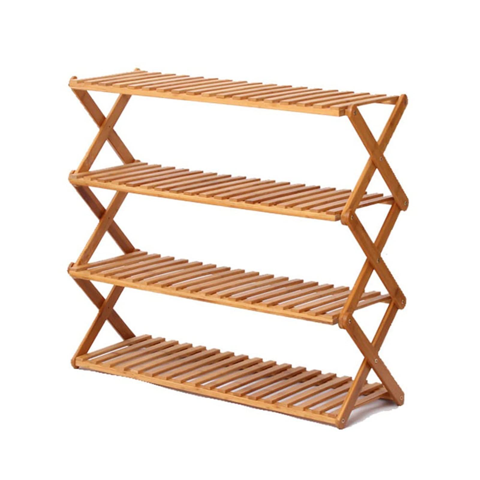 4-Tier Foldable Bamboo Shoe Rack & Luggage Storage Organizer - Space Saving Entryway Shelf for Shoes, Bags & Accessories - Perfect for Hallway, Bathroom, Living Room & Bedroom (80x25x69cm) - Ideal for Small Spaces & Clutter-Free Home Organization