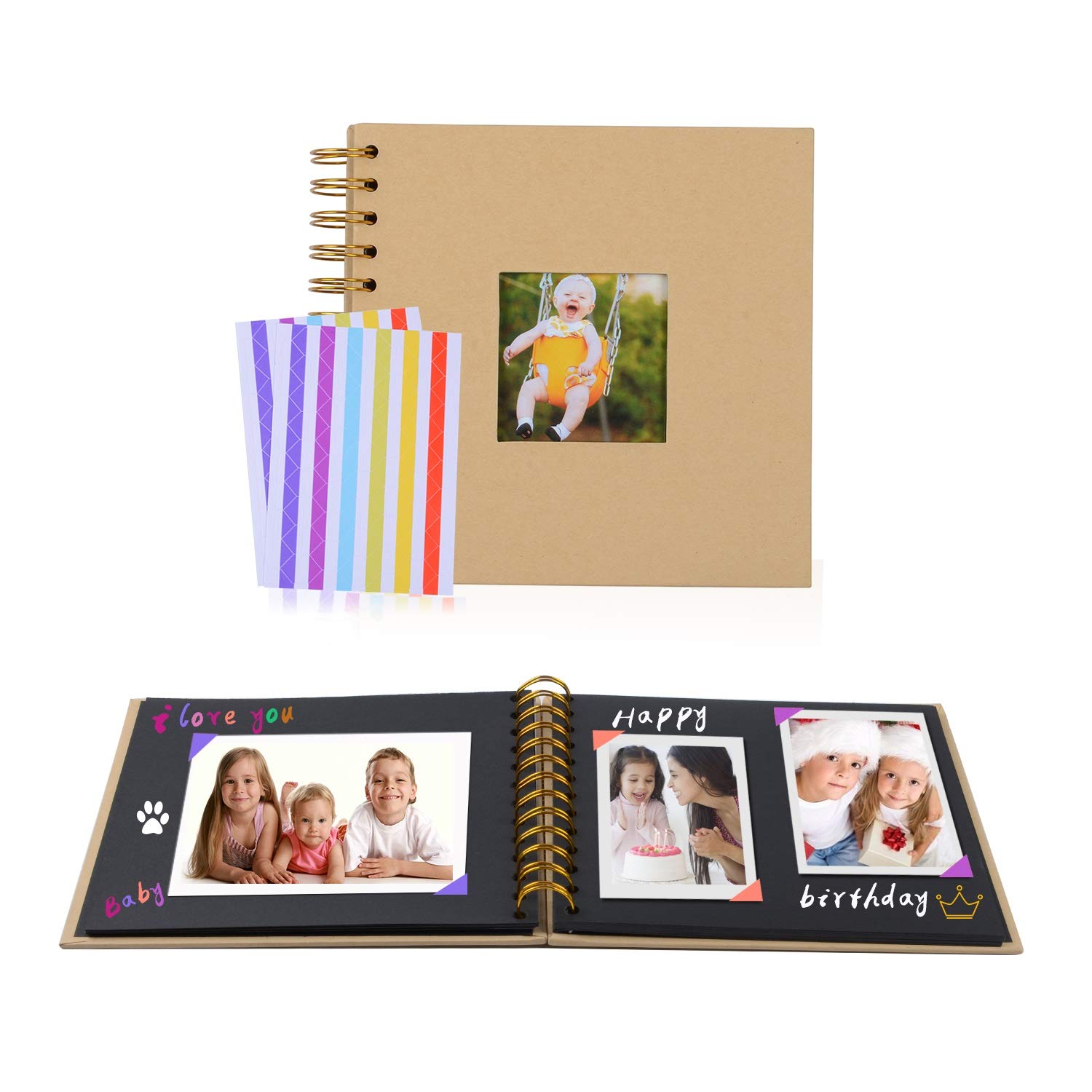 Black Paper Scrapbook Photo Album - DIY Wedding, Anniversary, Baby & Family Memory Keepsake Gift with 7