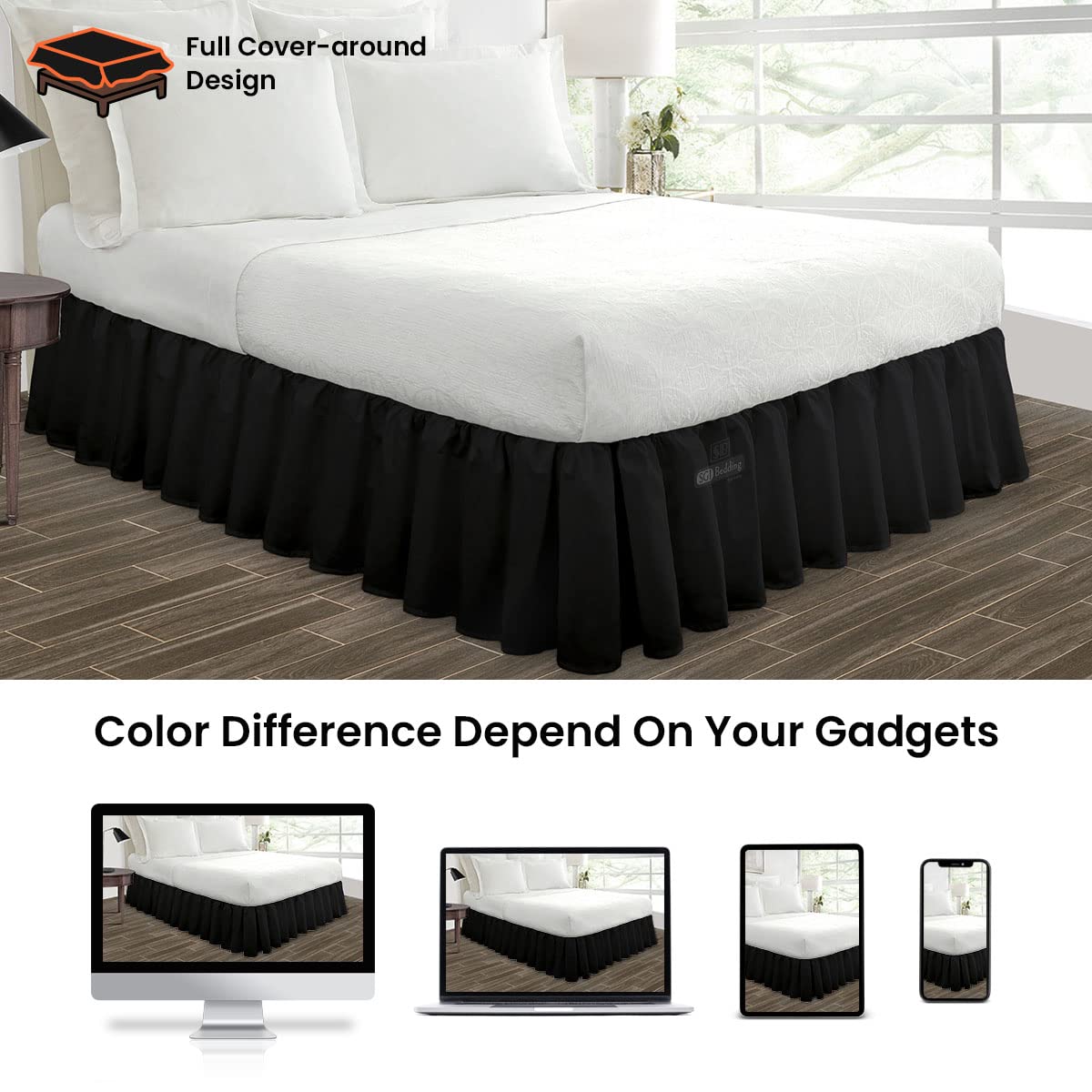 16 Inch Ruffled Bed Skirt - Microfiber Dust Ruffle for California King Beds | Fade & Wrinkle Resistant, Anti-Static | Extra Storage Space Under Bed | Elegant Black Bedroom Decor - Perfect for Guest Rooms & Master Bedrooms