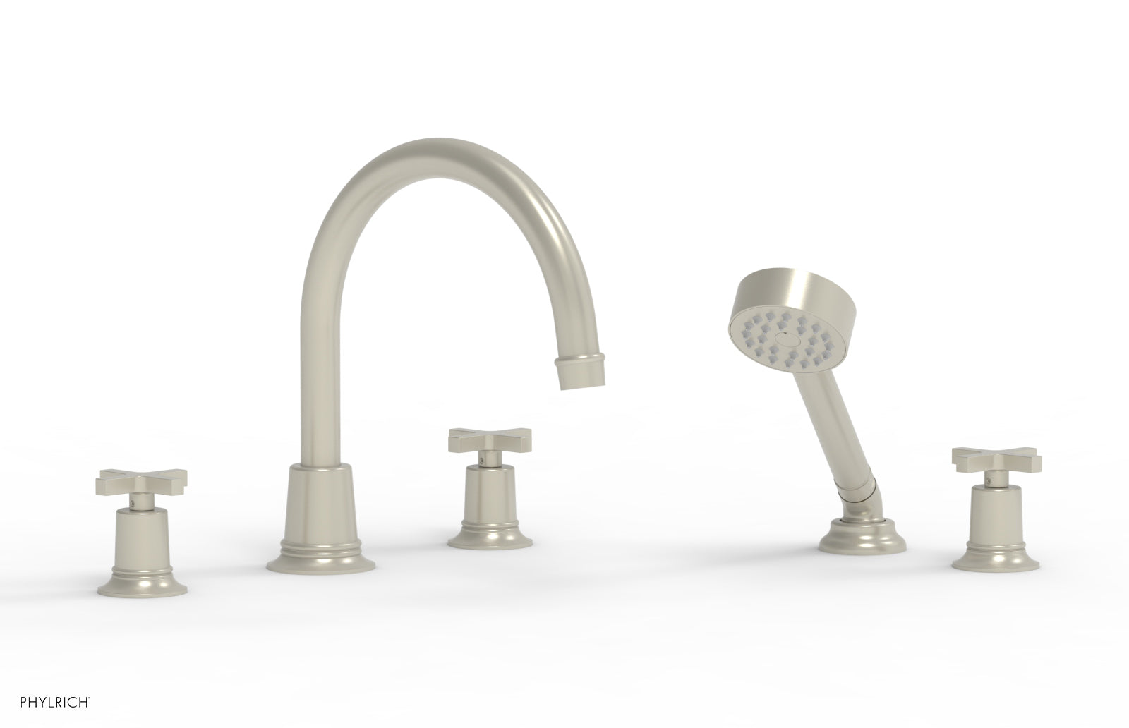 HEX MODERN Deck Mounted Bathtub Faucet Set with Hand Shower and Cross Handles - Model 50150 - Perfect for Modern Bathroom Renovations and Spa-Like Shower Experiences