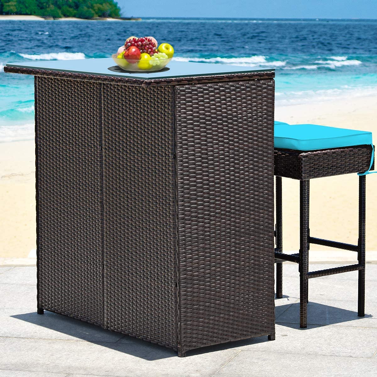 3-Piece Outdoor Patio Bar Set with Glass Top Table & 2 Cushioned Rattan Stools - Wicker Furniture with Storage Shelves for Backyard, Poolside, Garden or Porch (Turquoise) - Perfect for Entertaining Guests or Relaxing Outdoors