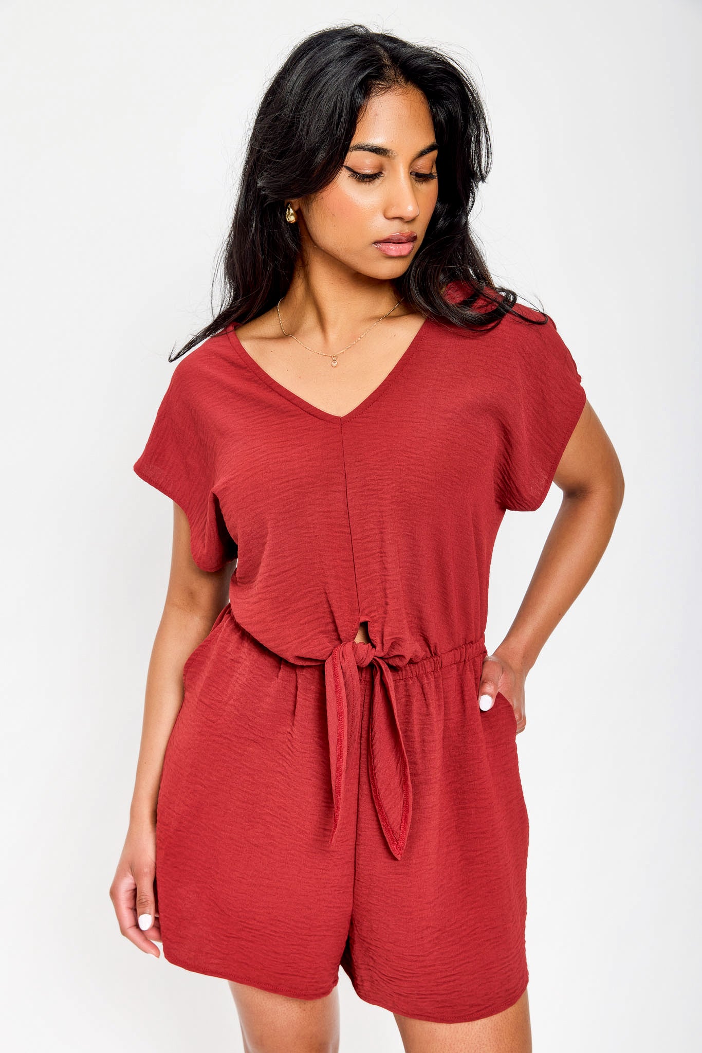 Stylish Dolman Sleeve V-Neck Romper with Front Tie Detail - Casual Summer Outfit for Women | Perfect for Beach, Brunch & Date Nights