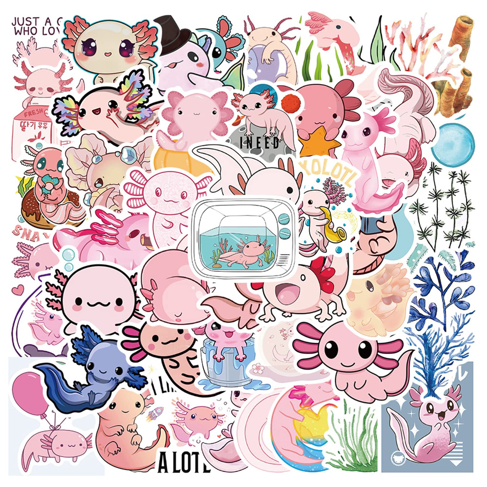 50PCS Cute Axolotl Stickers - Kawaii Waterproof Vinyl Stickers for Water Bottles, Laptops, Phones, Journals - Perfect Gift for Kids, Teens & Adults - Great for DIY Crafts, School Supplies & Party Favors