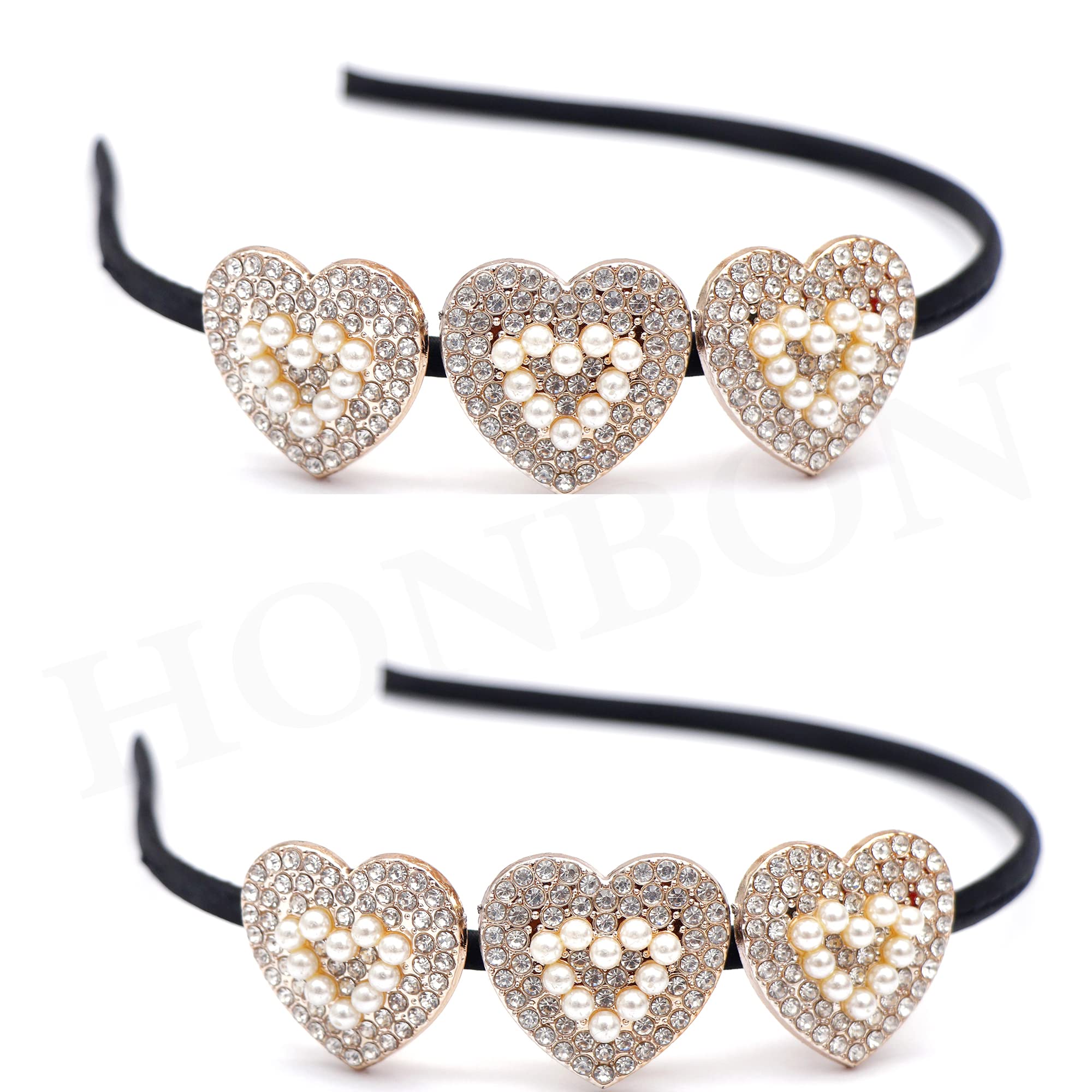 Golden & White Rhinestone Pearl Headband for Women - Elegant Wedding Hair Hoop with Heart Shape Design - Bridal Hair Accessories for Girls & Women (Pack of 2) - Perfect for Weddings, Parties & Special Occasions