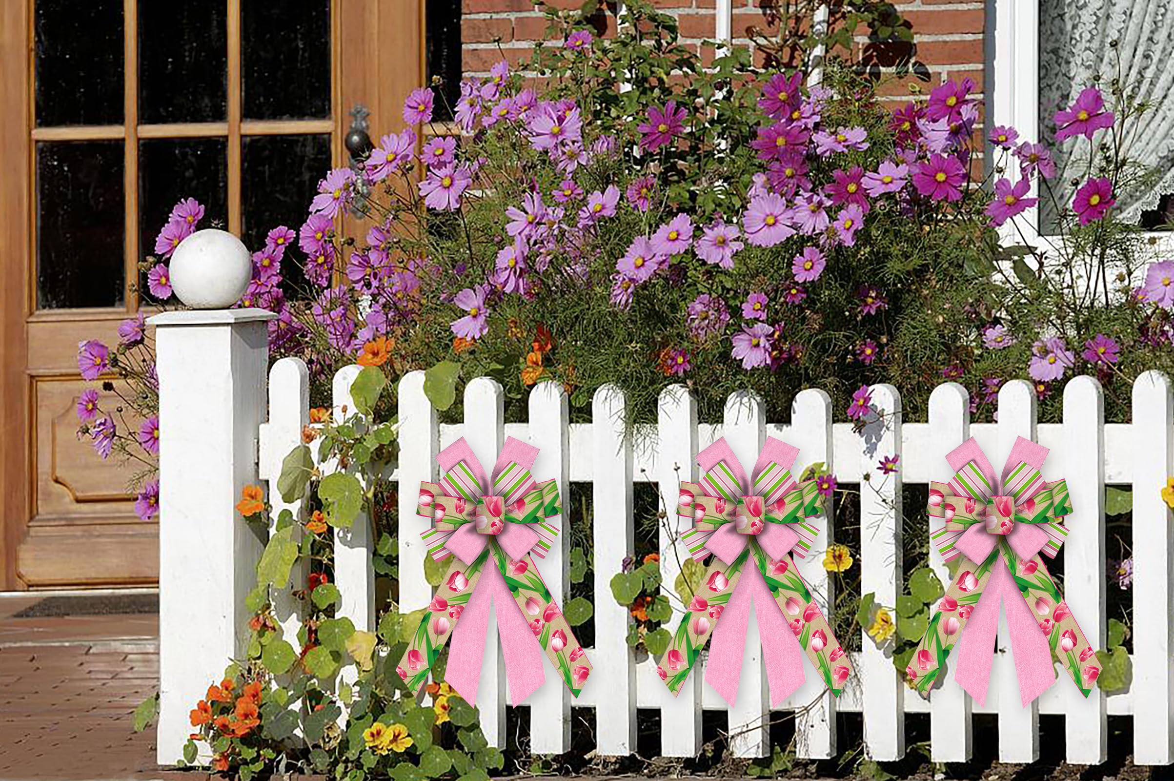 Pink Tulip Spring Wreath Bows - Large Burlap Bows for Indoor/Outdoor Door Decor