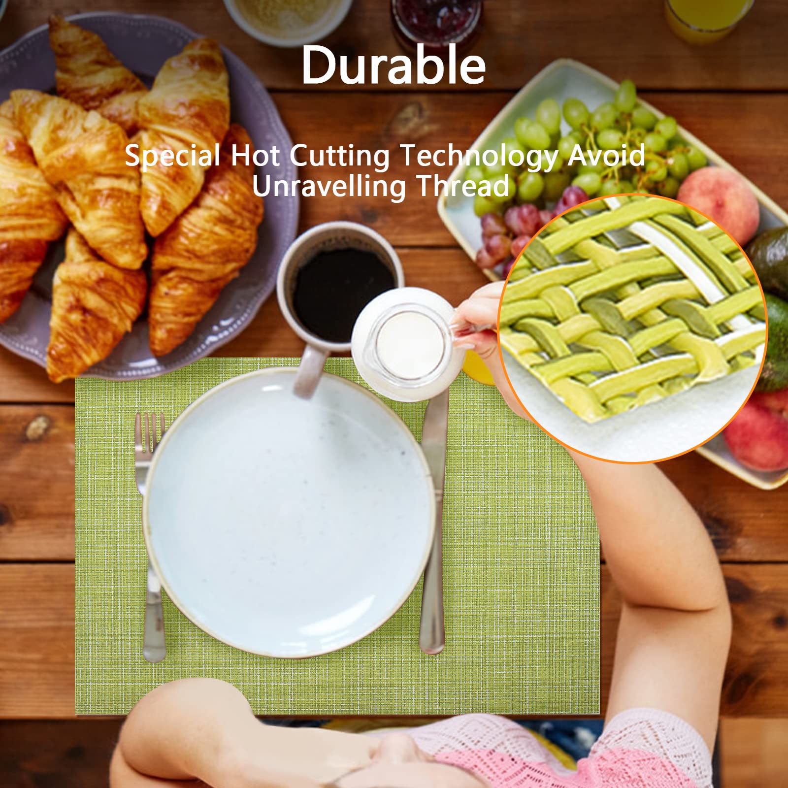 6-Piece Woven Vinyl Placemats Set - Waterproof & Washable for Indoor/Outdoor Use - Durable Table Mats for Dining, Picnics, and Parties (Green)