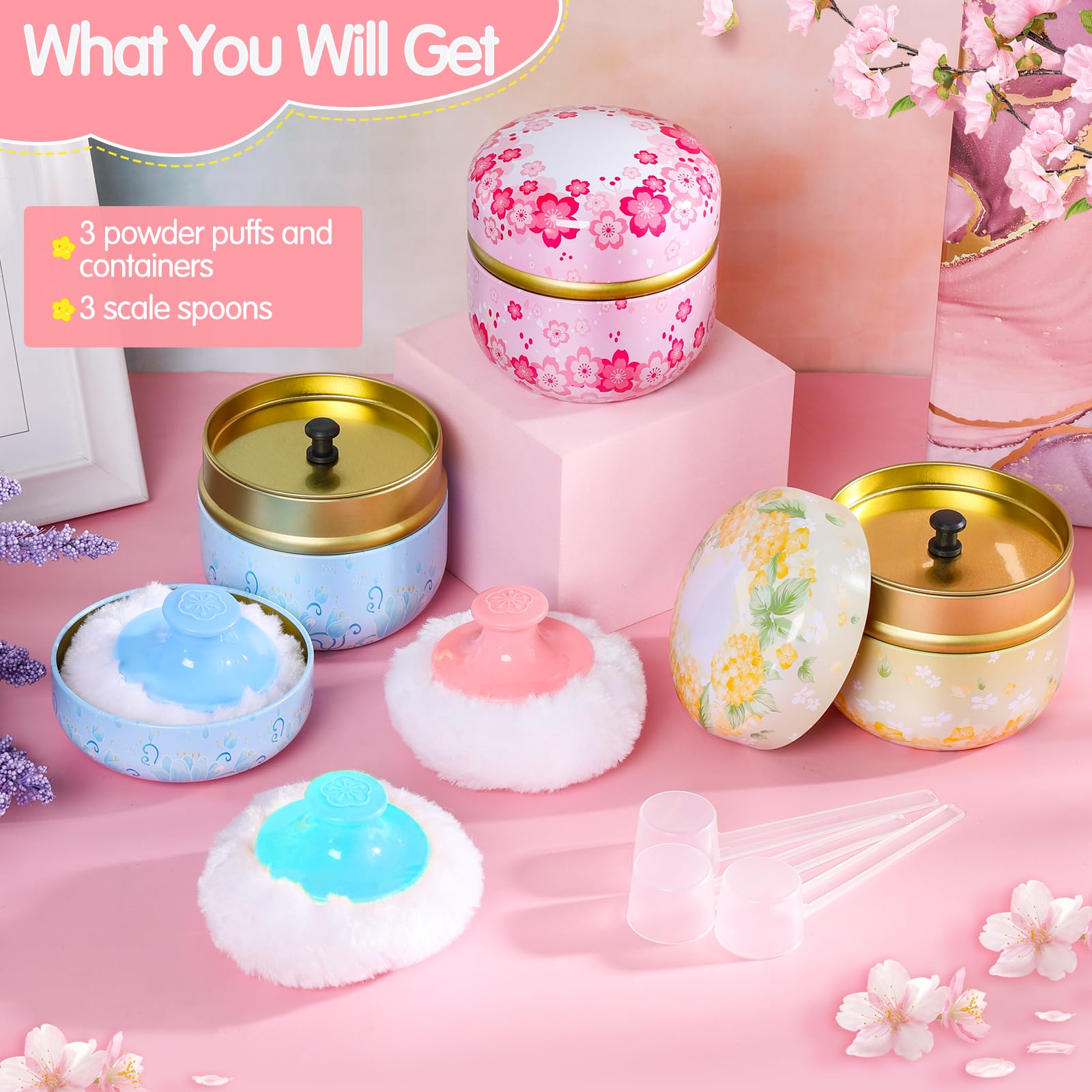 3-Piece Body Powder Puff Set with Floral Container - Large Plush Powder Puff & Spoon - Loose Dusting Powder Box for Women & Babies (Pink, Blue, Yellow) - Perfect for Home, Travel & Nursery Care