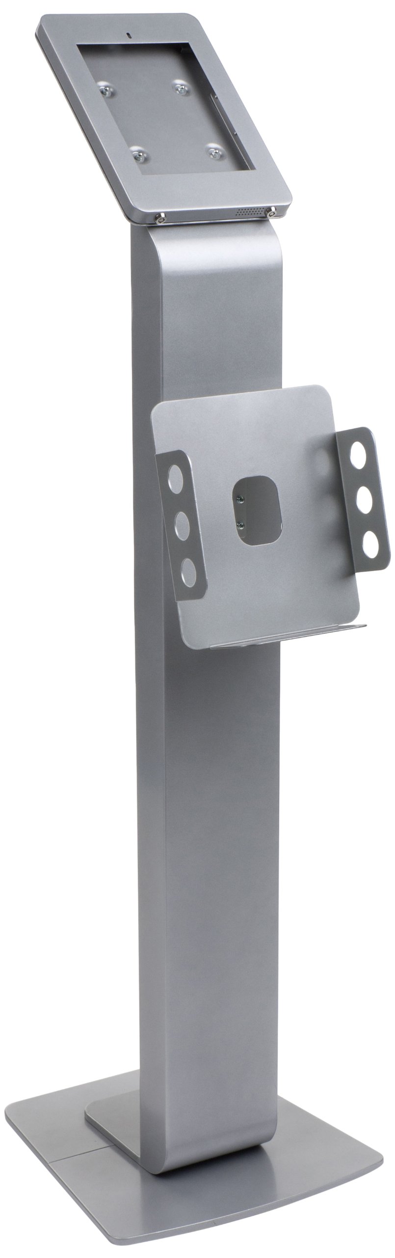 Displays2go Adjustable Floor Stand for iPad 2-4 & Air - Secure Locking Enclosure with Magazine Pocket | Commercial Tablet Kiosk for Retail Stores, Museums & Exhibitions