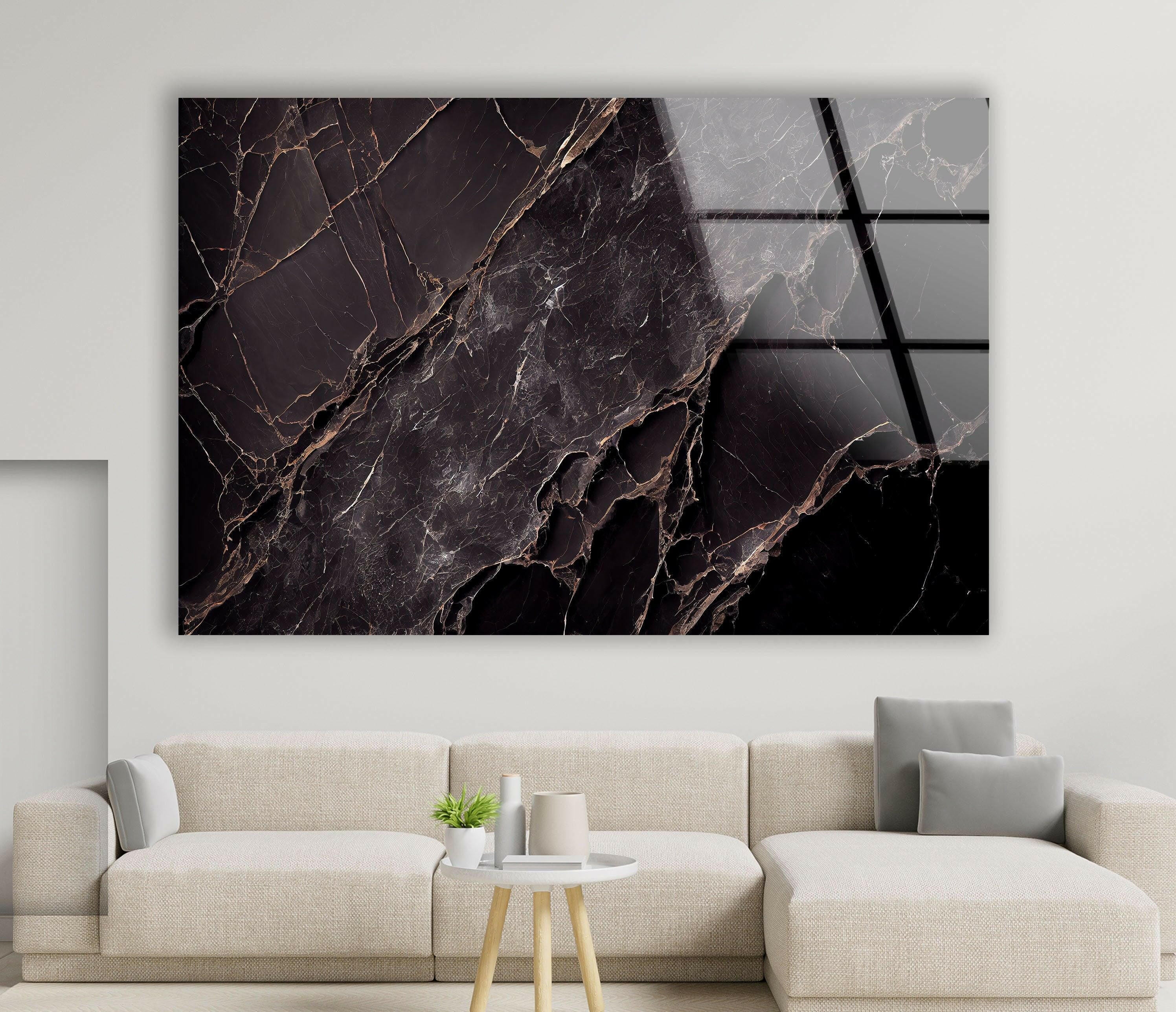 Black Marble Natural Abstract Glass Wall Art - Modern Home Decor for Living Room, Bedroom & Office | Elegant Glass Wall Sculpture for Contemporary Interior Design
