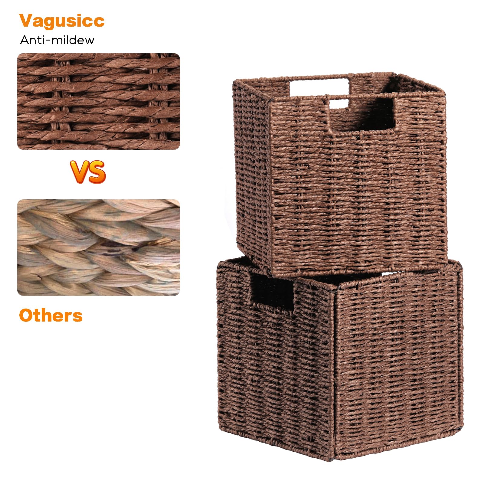 Vagusicc Wicker Storage Basket Set of 2 - Hand-Woven Foldable Cube Bins with Handles for Shelves - 9 Inch Small Woven Baskets for Pantry, Bedroom & Home Organization - Brown - Perfect for Closet Storage, Laundry Room & Nursery Decor
