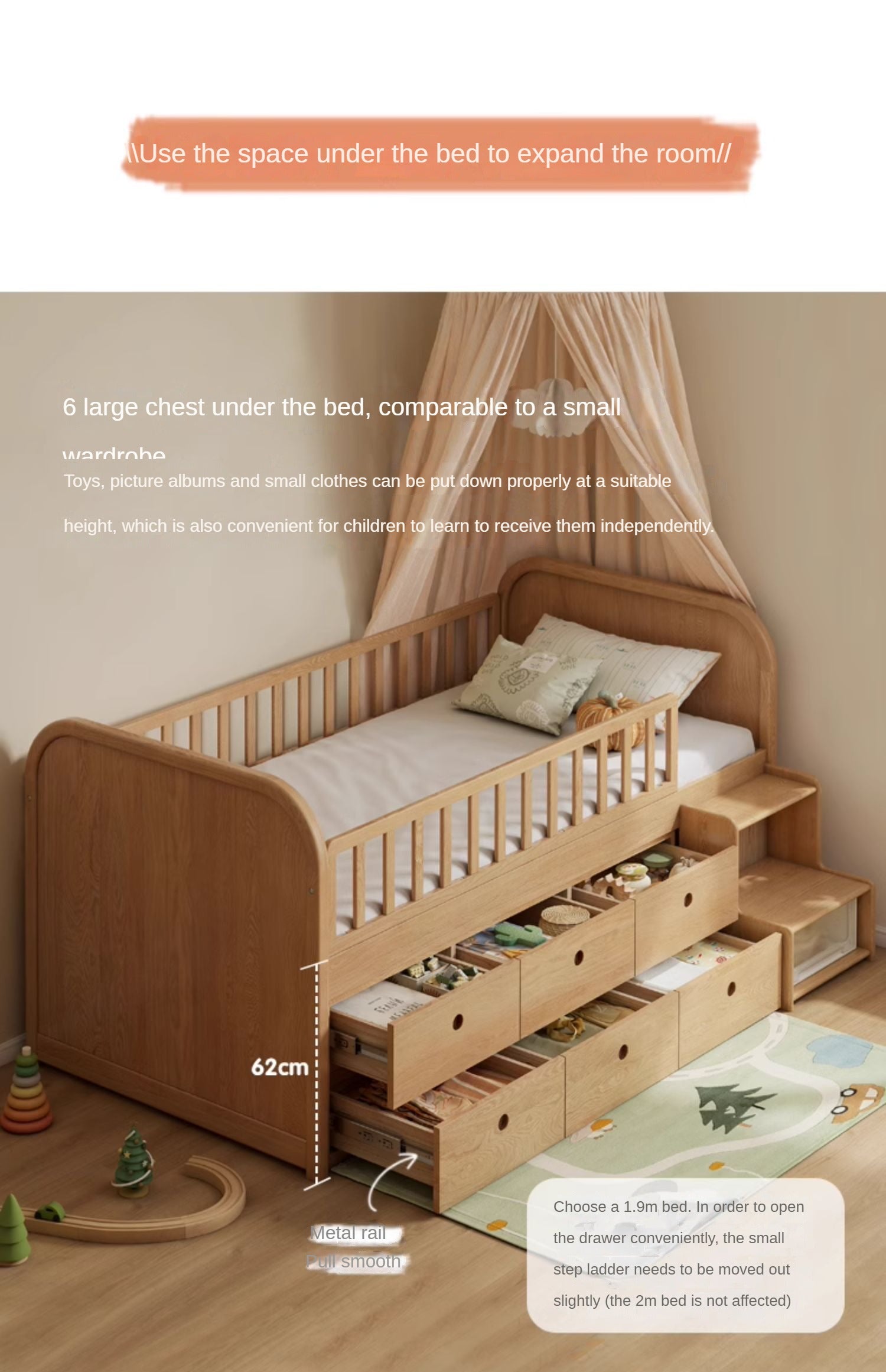 Solid Oak Wood Multi-Function Storage Bed with Wide Underbed Drawers - Perfect for Bedroom Organization & Small Space Living