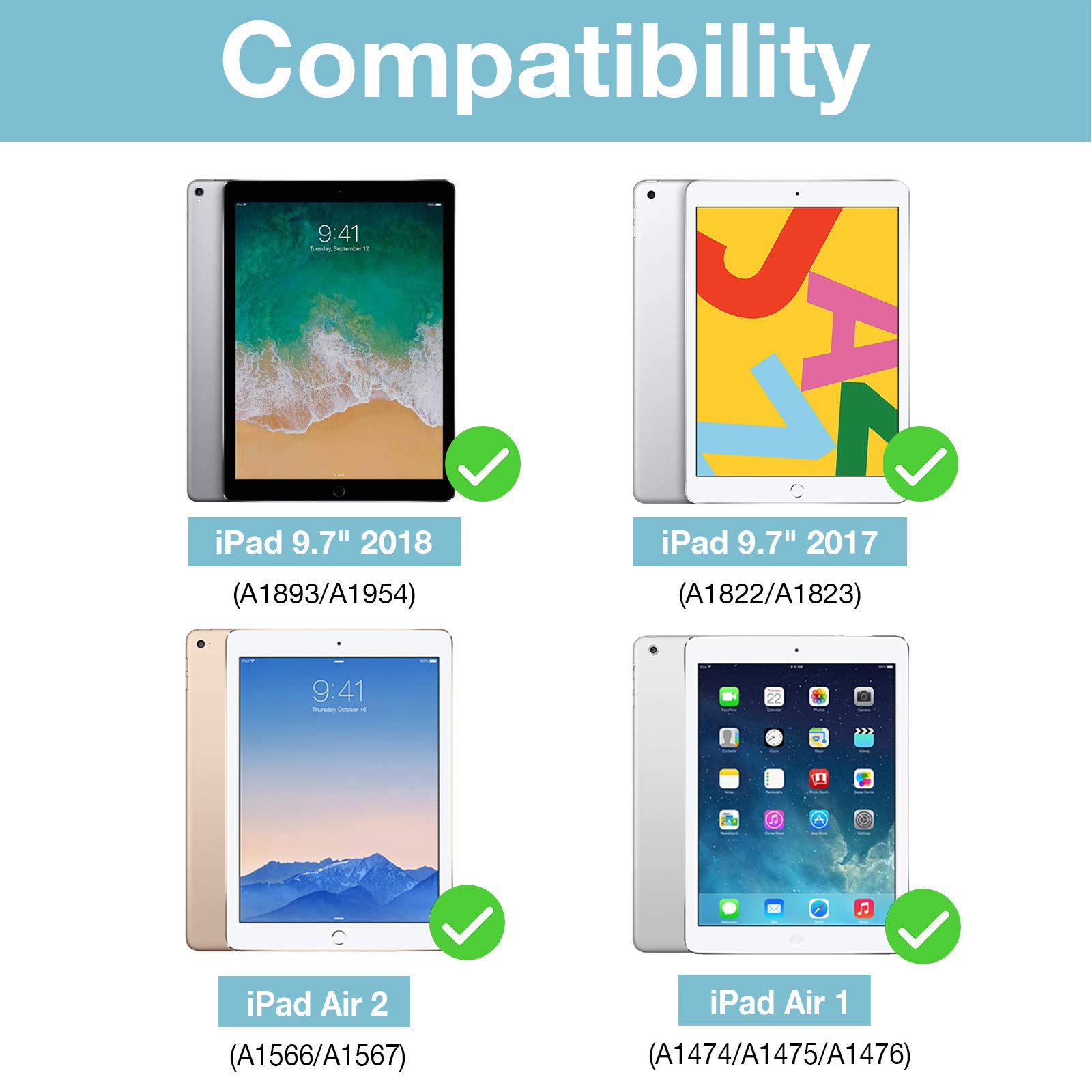 ProCase Slim Stand Protective Folio Case for iPad 9.7 Inch (5th/6th Gen, 2018 & 2017 Models) & iPad Air 2/Air - Lightweight Smart Cover with Auto Wake/Sleep - Perfect for Work, School & Travel - Teal