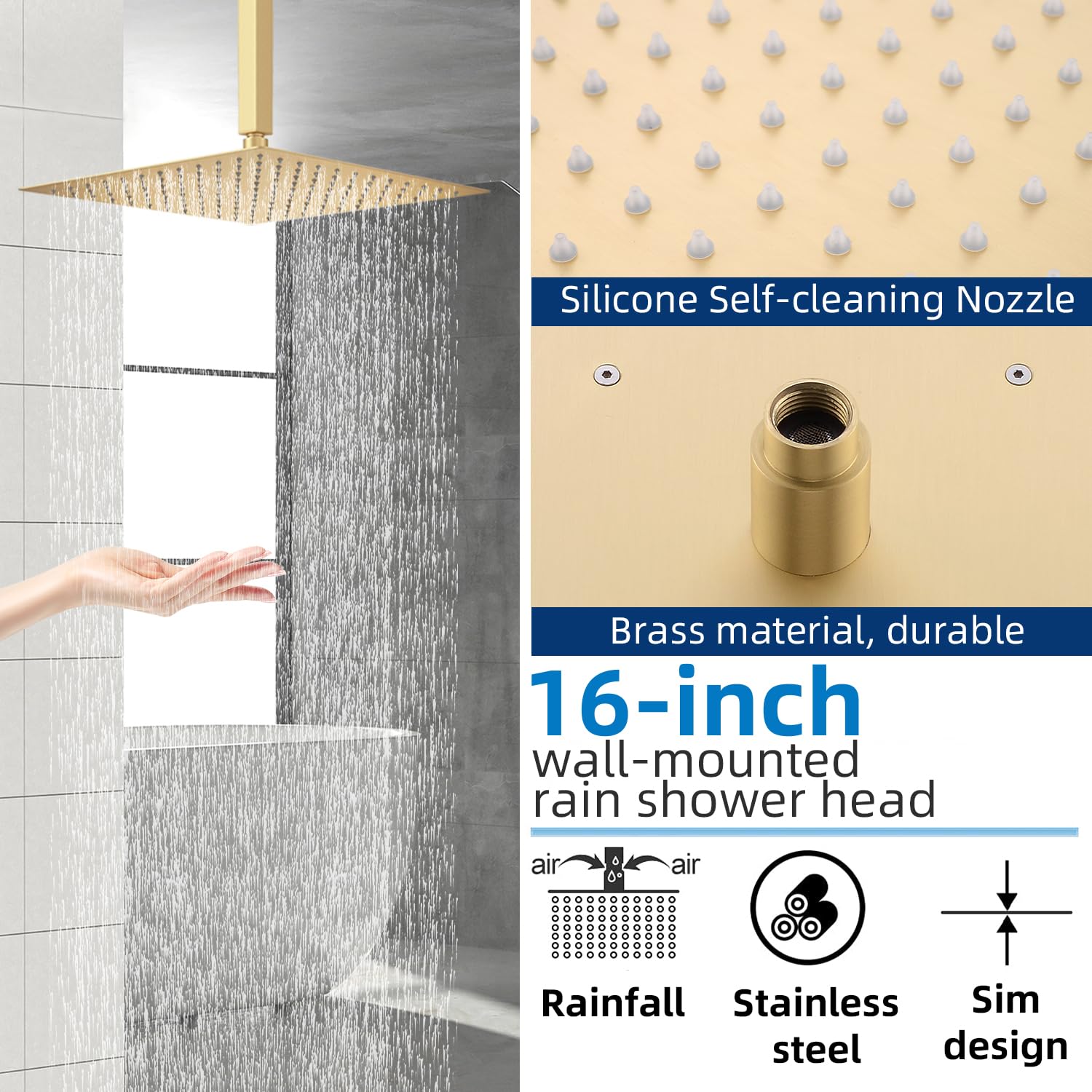16 Inch High Pressure Ceiling Mount Rain Shower System - Dual Function Overhead Shower Head with Handheld Sprayer, Brushed Gold Shower Faucet Set - Perfect for Luxurious Spa-Like Bathroom Experience