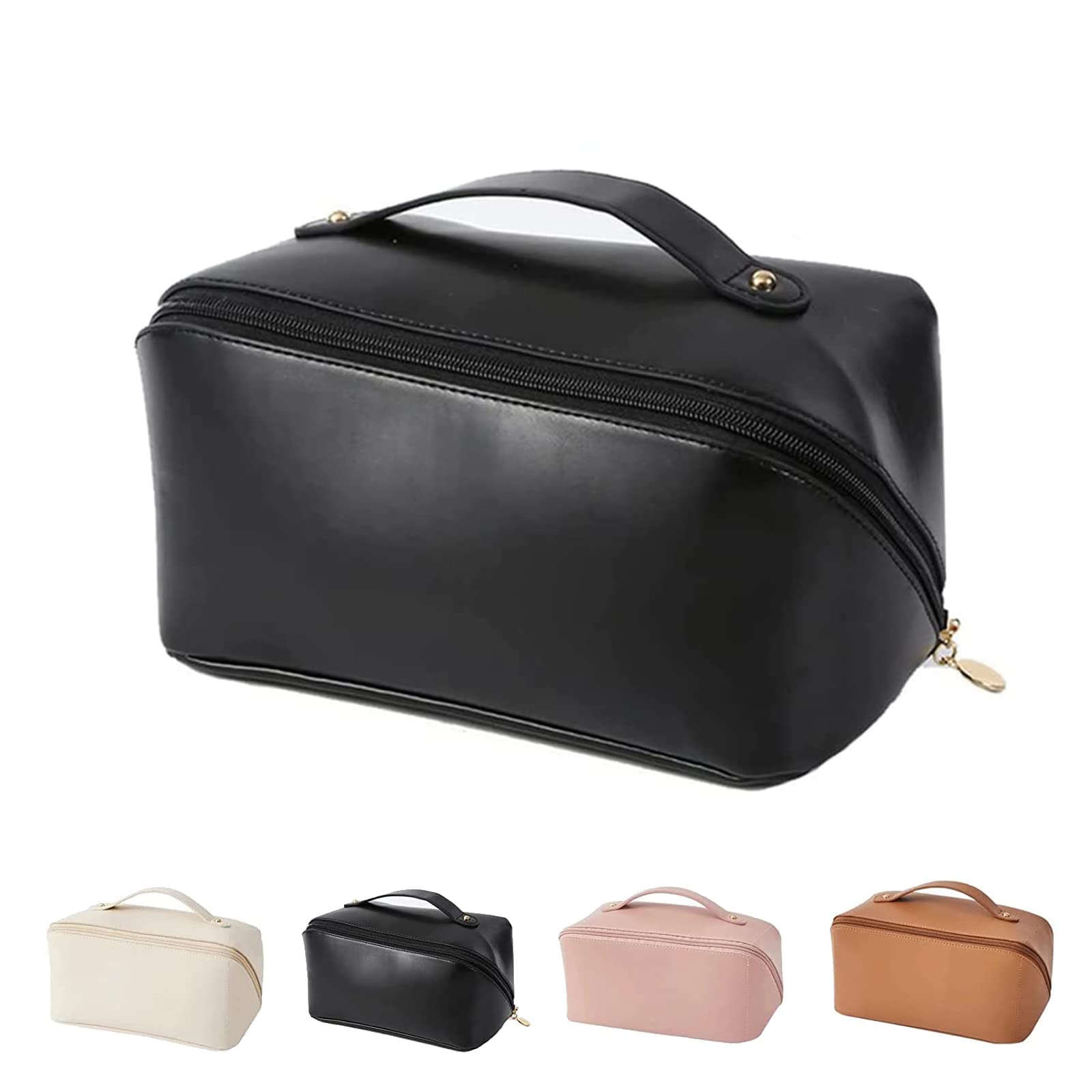 Large Capacity Waterproof Travel Cosmetic Bag for Women - Leather Makeup Organizer with Handle & Divider, Portable Toiletry Case for Vacation, Gym, Business Trips (Black)