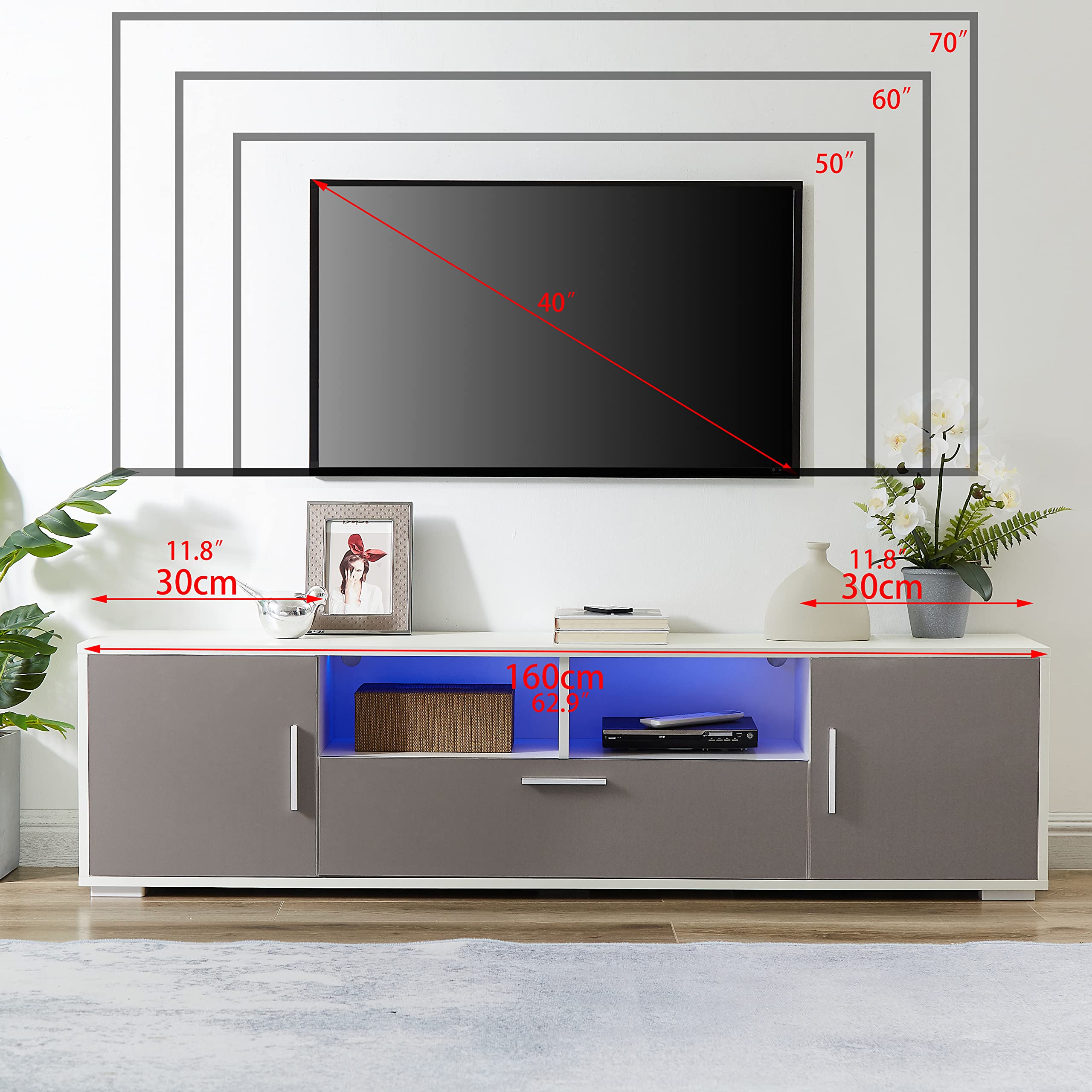 Modern TV Stand with LED Lights & Storage - High Gloss Entertainment Cabinet for 60-70 Inch TVs - Quick 30 Min Assembly - White & Gray TV Console - Perfect for Living Room, Bedroom & Home Theater Setup