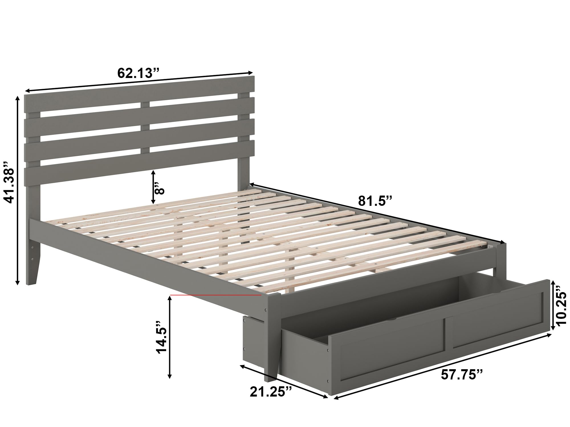 AFI Oxford Queen Size Platform Bed Frame with Storage Drawer & USB Charging Station - Modern Grey Bedroom Furniture for Small Spaces & Studio Apartments