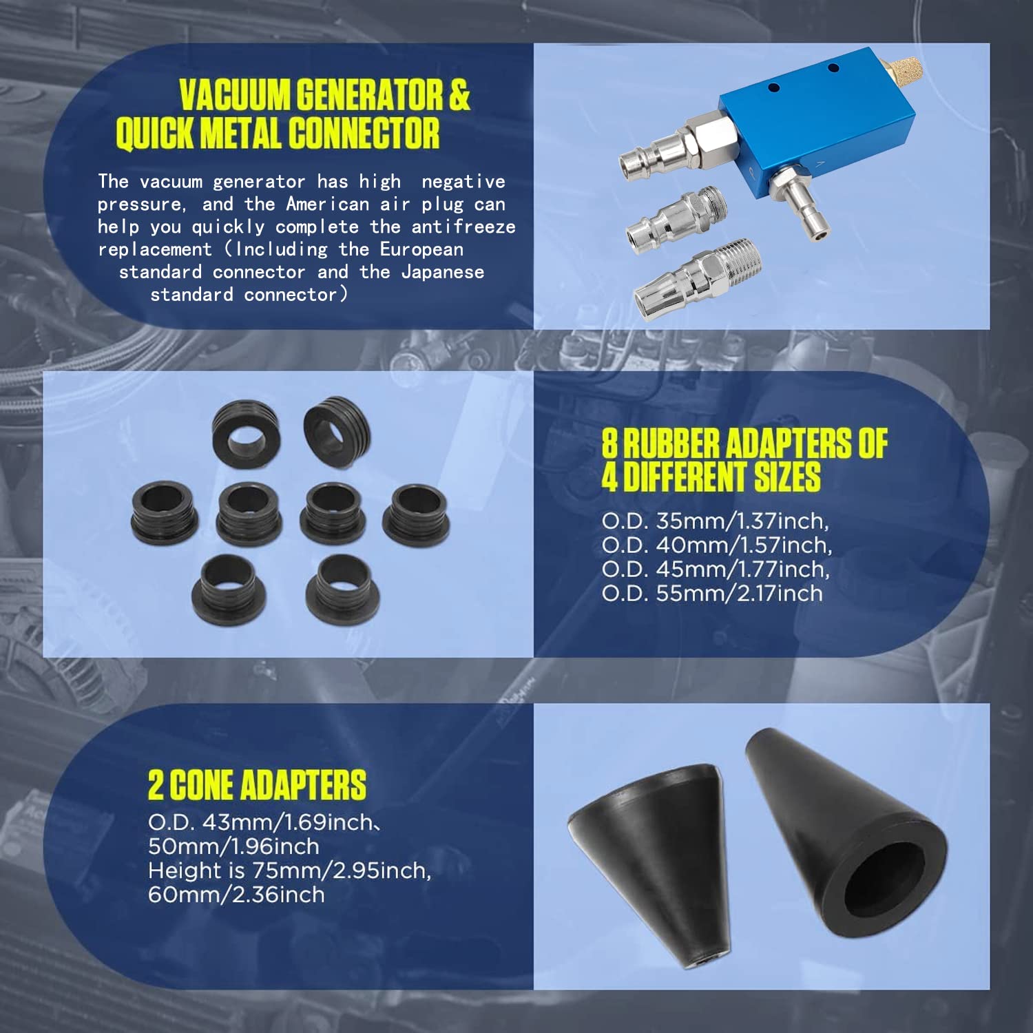 ZKTOOL Engine Cooling System Vacuum Purge & Coolant Refiller Kit - Includes 8 Rubber Sleeves, 2 Universal Adapter Cone Plugs & EV15 Vacuum Generator - Perfect for Automotive Repair, DIY Coolant Flush & Maintenance