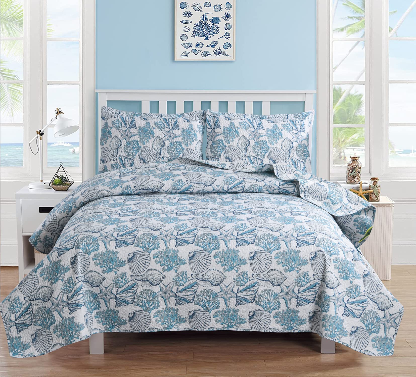 Hailea Ocean Quilt King Size - Lightweight Coastal Bedding Set with Seashell Design, Includes 2 Pillow Shams (Glaucous, King) | Perfect for Summer Beach House Decor & Nautical Theme Bedrooms