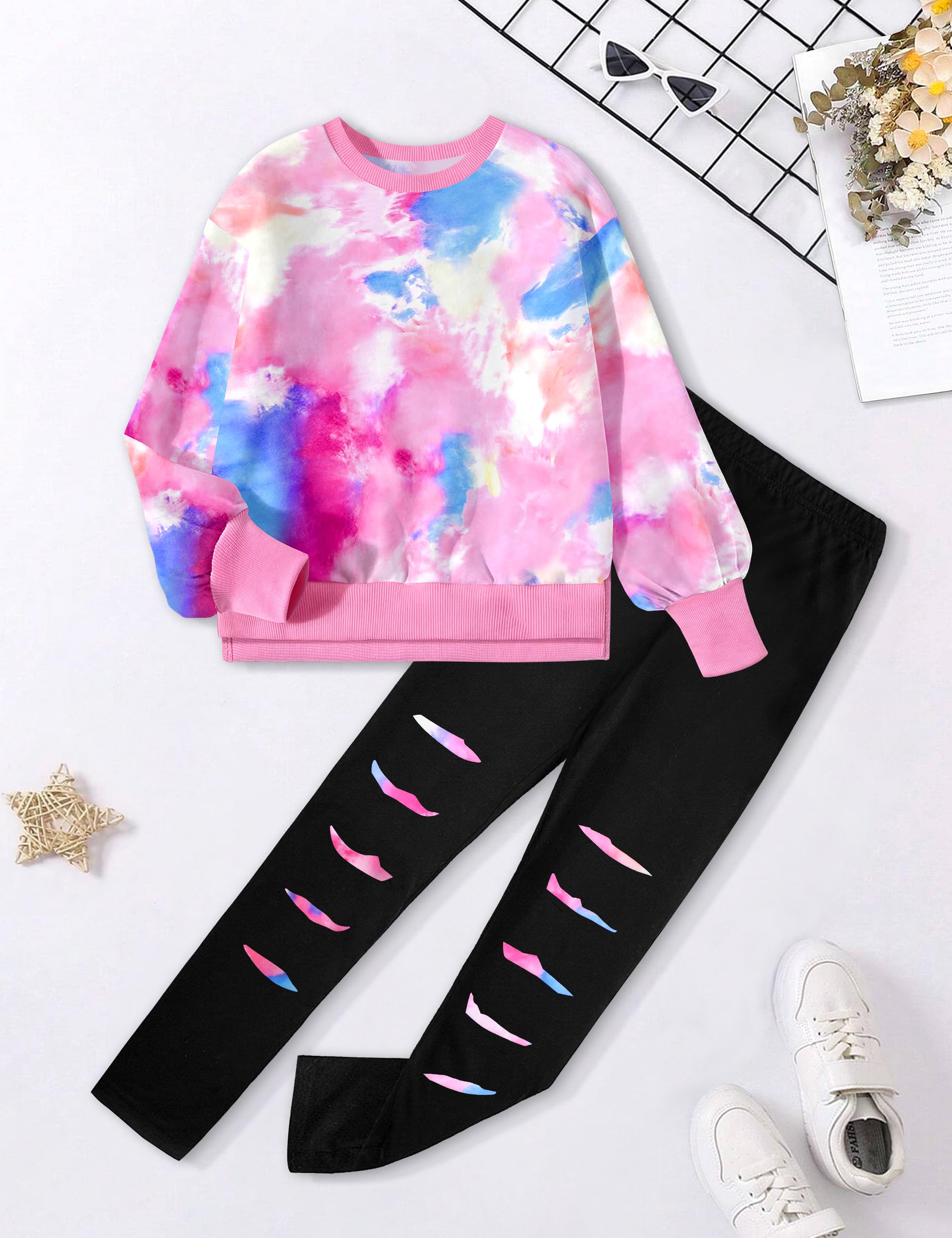 Tie Dye Sweatshirt and Leggings Set for Girls | 2-Piece Fall Winter Outfit | Ages 6-14 Years | Cute Casual Wear for School, Playdates & Family Outings