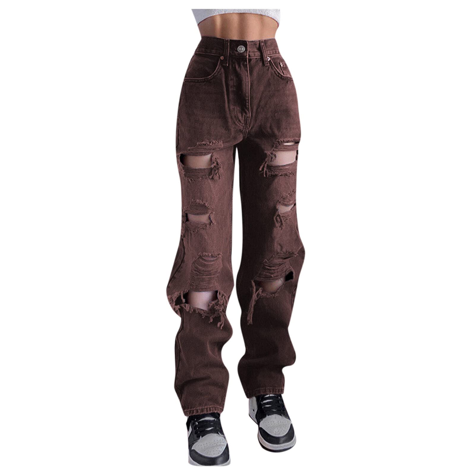 Women's Hemlock Pocket Slim Pants - High Waist Stretch Denim Jeans with Distressed Holes | Perfect for Autumn Fashion & Casual Wear