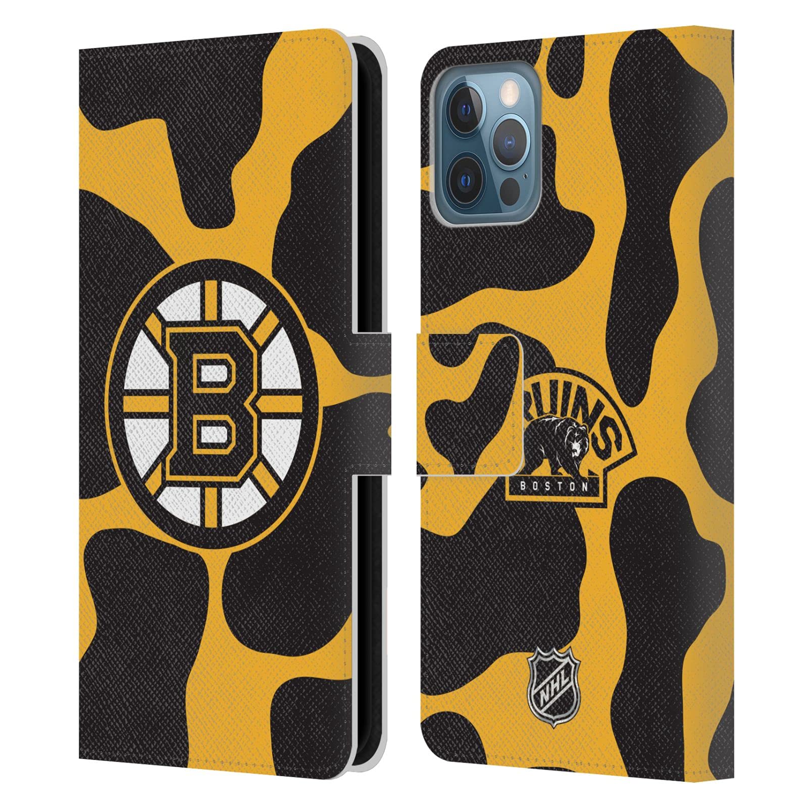Officially Licensed NHL Boston Bruins Cow Pattern Leather Wallet Case for iPhone 12/12 Pro - Perfect for Hockey Fans & Game Day Protection