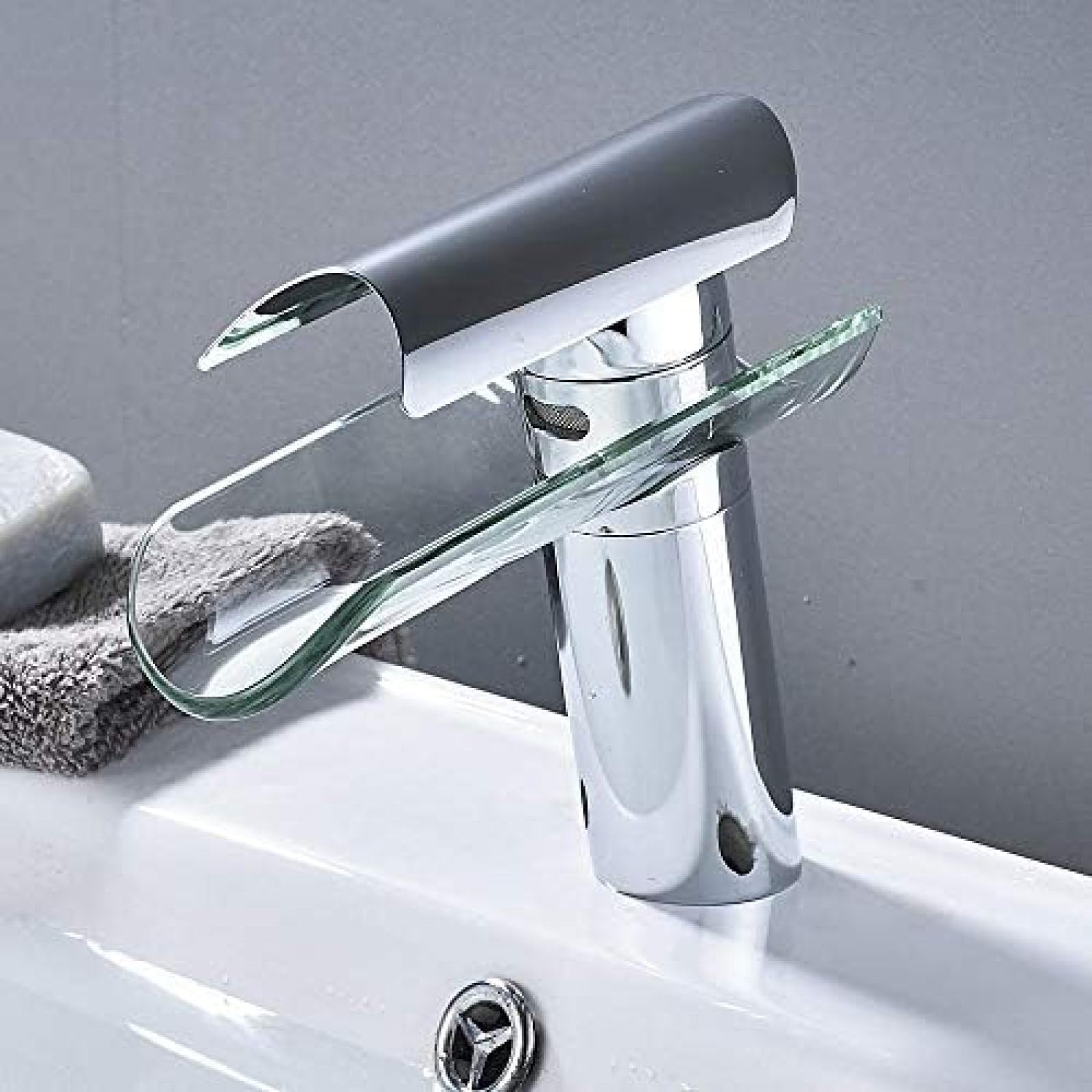 CRJUS Chrome Bathroom Faucet - Brass Waterfall Spout Sink Mixer Tap for Glass Basin | Hot & Cold Water Mixer | Perfect for Modern Bathroom & Vanity Sink Upgrade