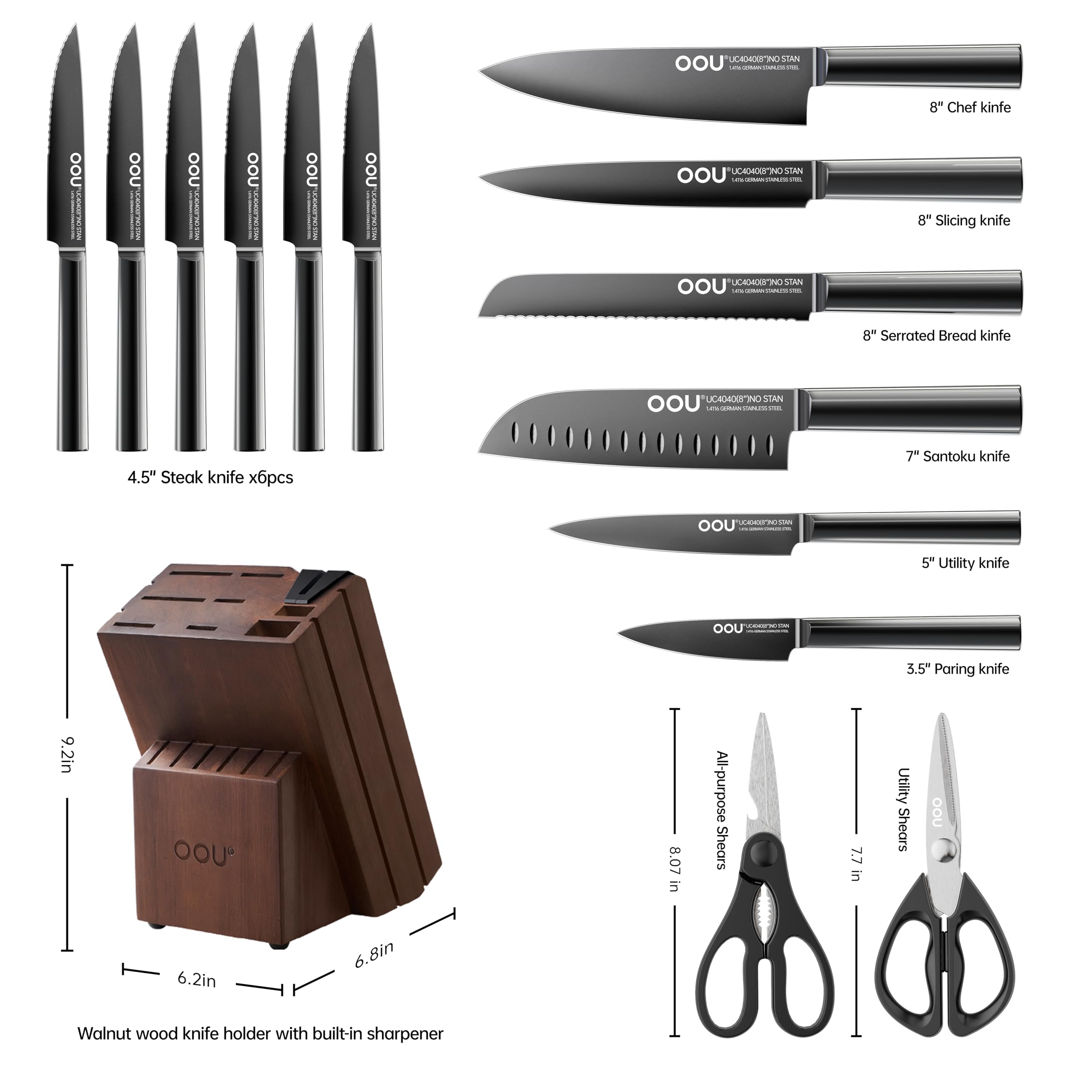 OOU 15-Piece High Carbon Stainless Steel Kitchen Knife Block Set - Professional Chef Knives with Anti-Rust Black Blades & Built-in Sharpener, Walnut Wood Stand - Perfect for Home Cooking, Restaurant Use & Gift Giving