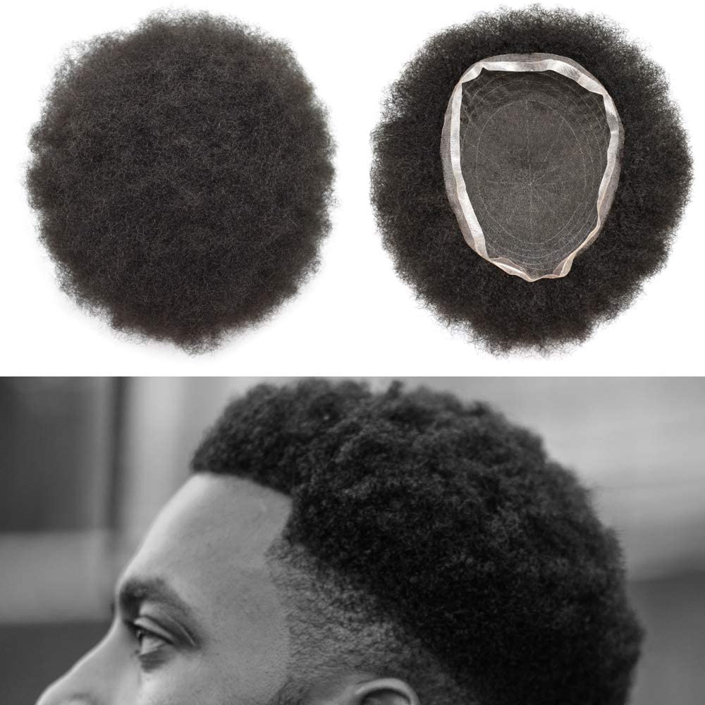 Full Lace Afro Toupee for Black Men - Kinky Curly Virgin Human Hair System - 8x10 Natural Hairline - 1B# OFF BLACK 4mm - Perfect for Daily Wear, Special Occasions & Hair Restoration