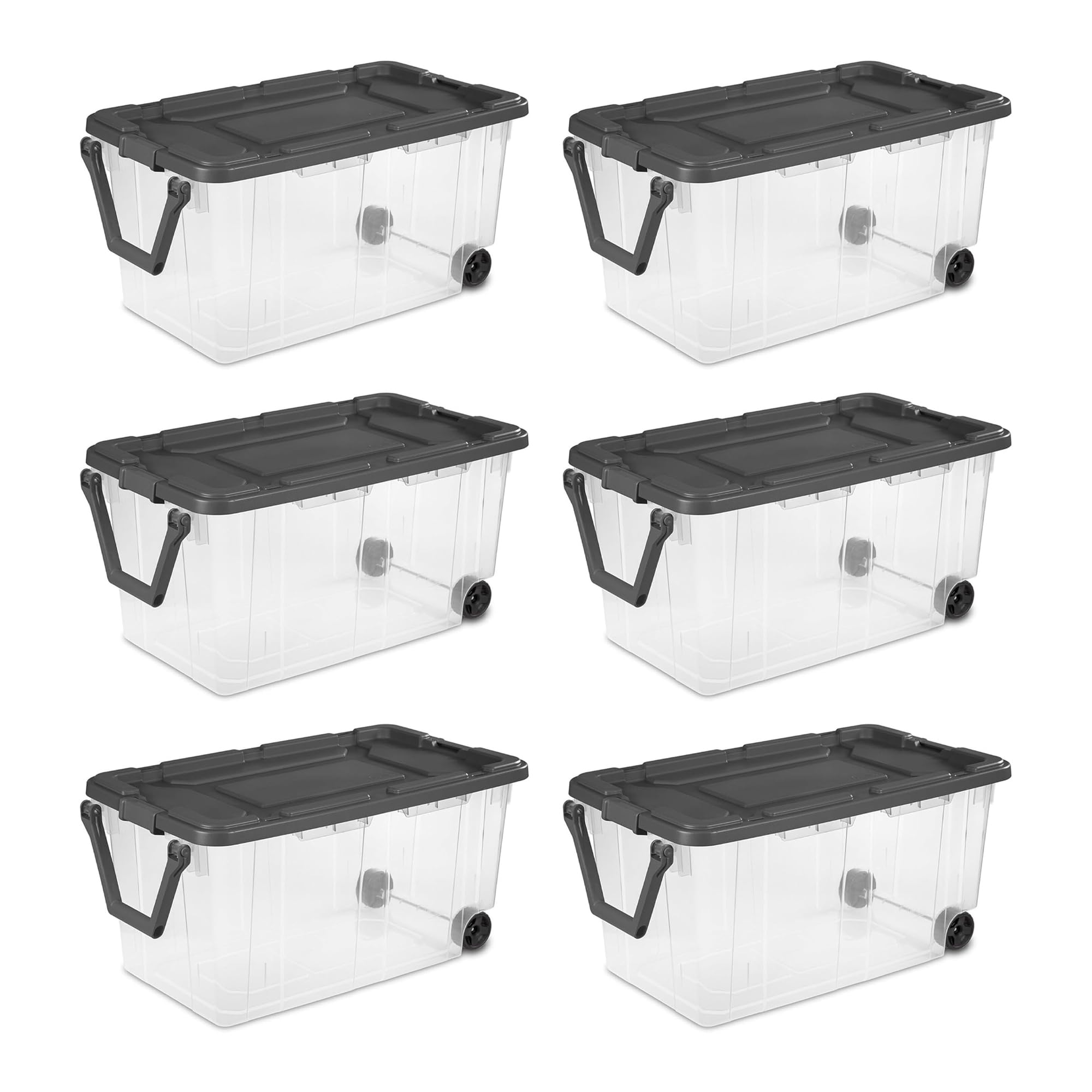 Sterilite 6-Pack 160 Qt Stackable Storage Bins with Latching Lids & Wheels, Gray - Perfect for Home Organization, Garage Storage & Moving Supplies