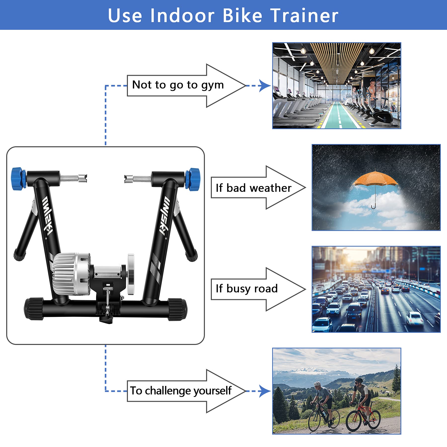 Unisky Indoor Bike Trainer Stand - Magnetic Resistance, Noise Reduction, Fits 26-28 Inch & 700C Wheels - Perfect for Home Workouts, Cycling Training & Winter Riding