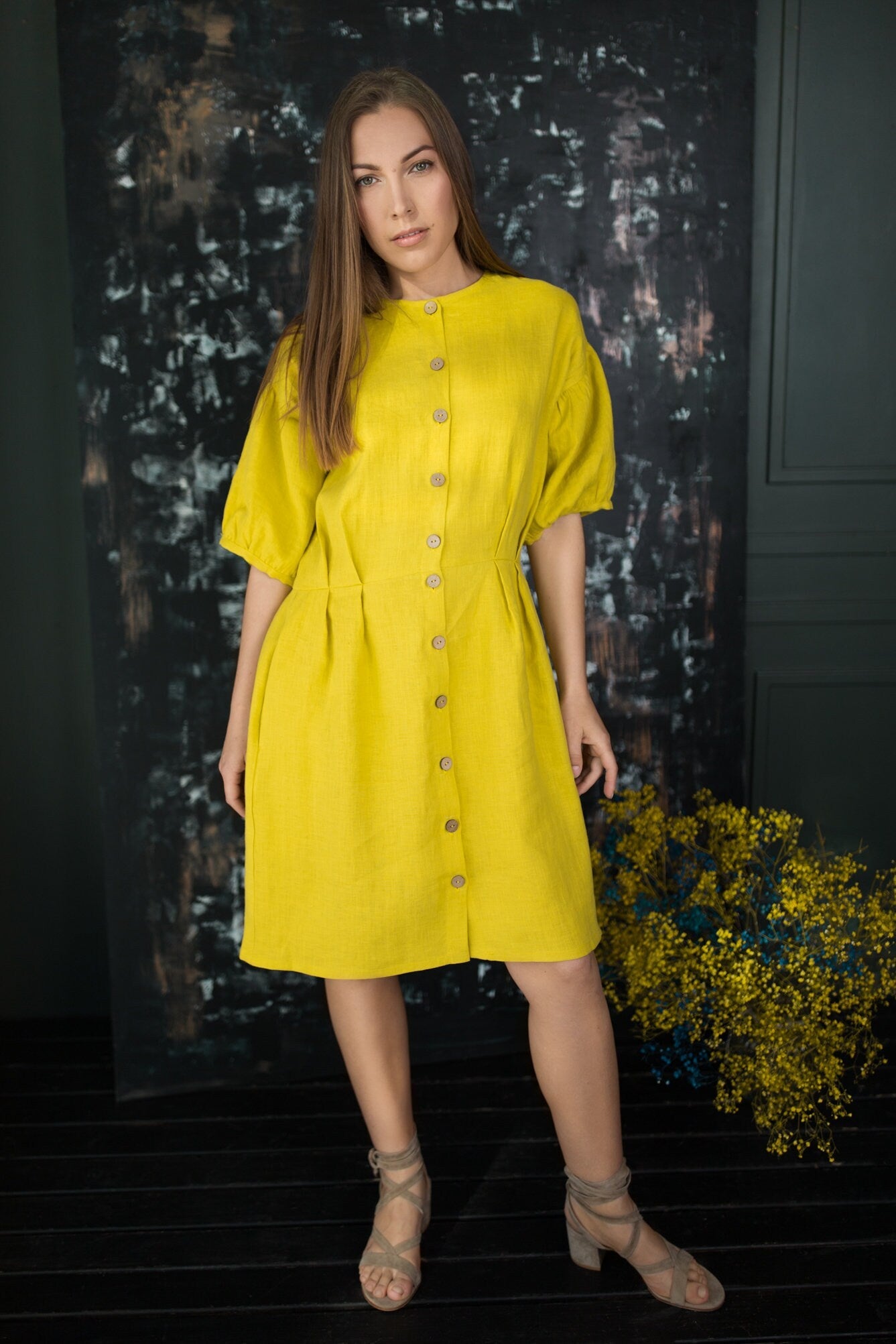 MONA Women's Linen Button Up Dress - Casual Summer Sundress with Pockets | Perfect for Beach, Vacation & Everyday Wear in Yellow