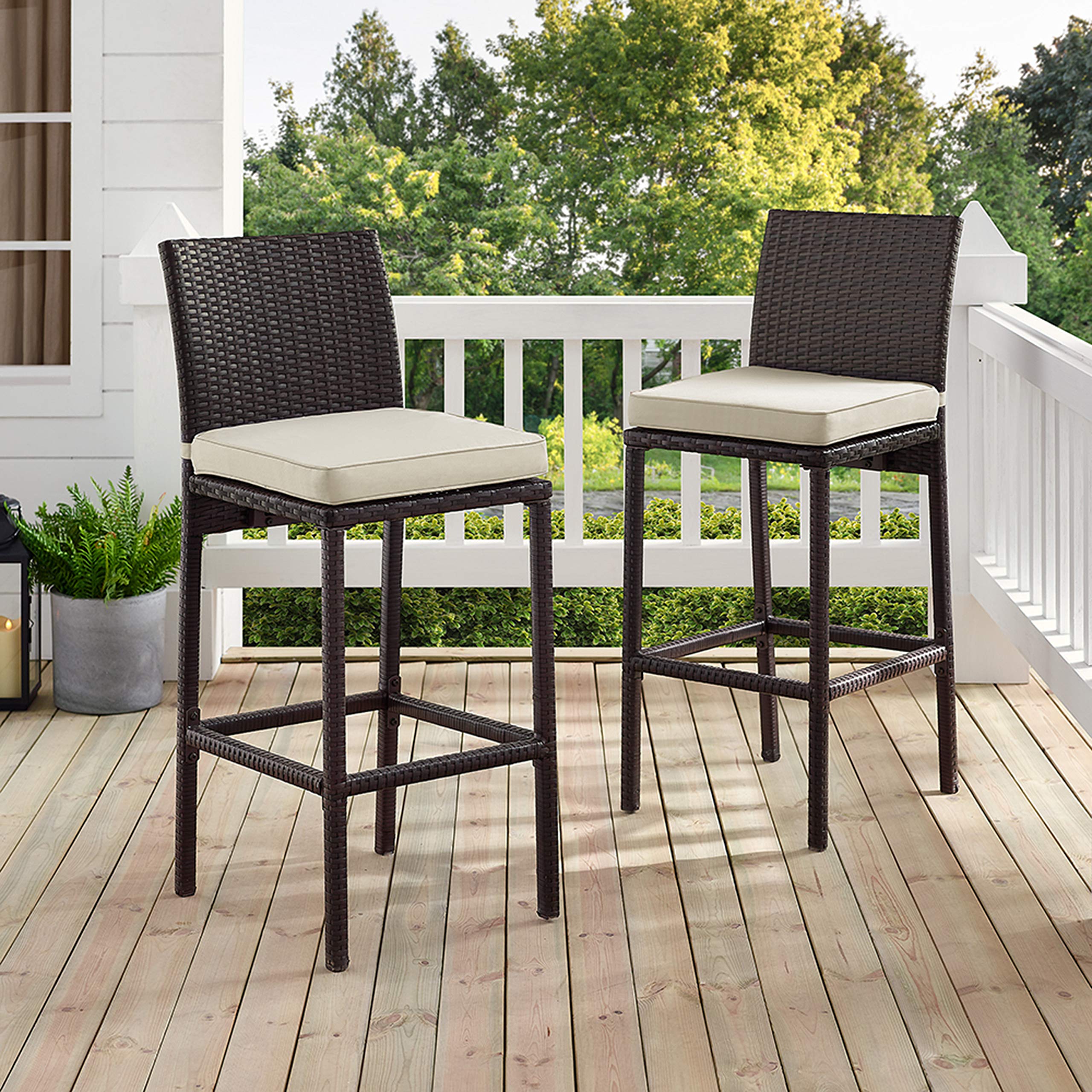 Crosley Furniture Palm Harbor Wicker Outdoor Bar Stools - Set of 2, Brown with Sand Cushion - Patio, Backyard & Balcony Furniture for Outdoor Dining, Lounging & Entertaining