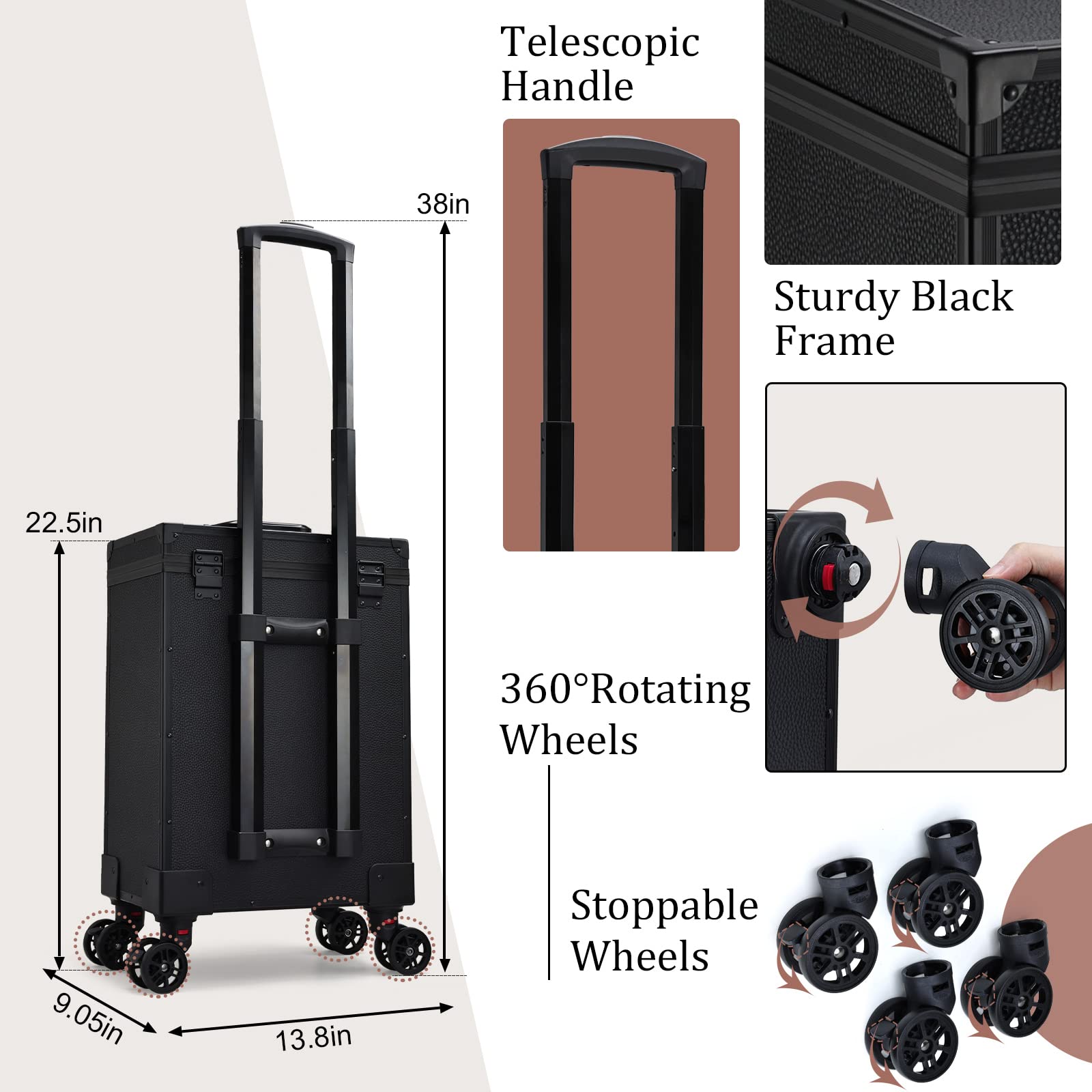 Professional 3-in-1 Rolling Makeup Case with Wheels - Large 2-Drawer Nail Technician Trolley & Travel Cosmetic Train Case with Makeup Pouch - Perfect for Salon Artists, Mobile Stylists & Beauty Professionals On-The-Go